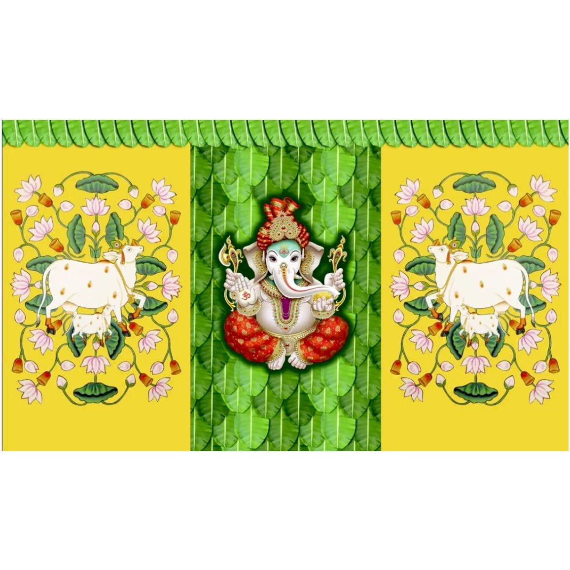 S2S Lord Ganesh with Gaumata Backdrop Curtain Cloth for Pooja Decoration/House Warming Function/Traditional, Background Decoration Cloth for Pooja (Size -5x8 Feet) (Pack of 1)