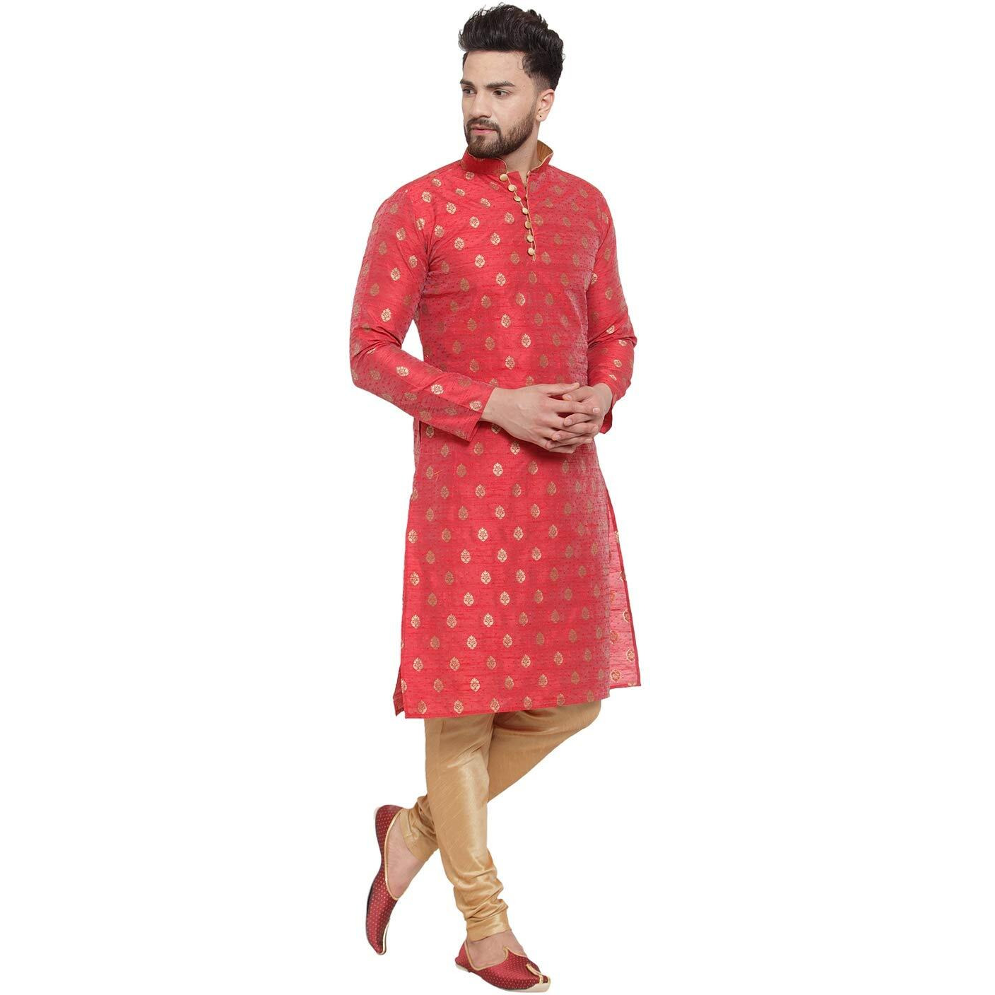 Larwa Mens Silk Kurta With Pyjama Set (Maroon Ganesh Jacq K Gold Pyj Lup+B_Maroon_42)