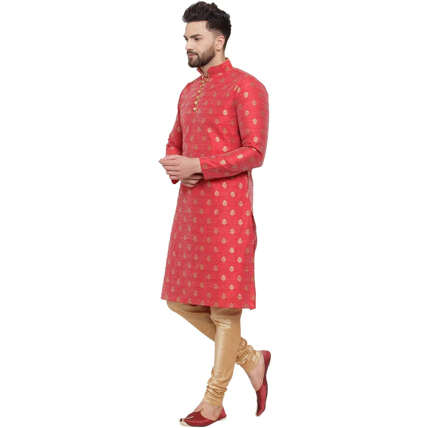 Larwa Mens Silk Kurta With Pyjama Set (Maroon Ganesh Jacq K Gold Pyj Lup+B_Maroon_42)