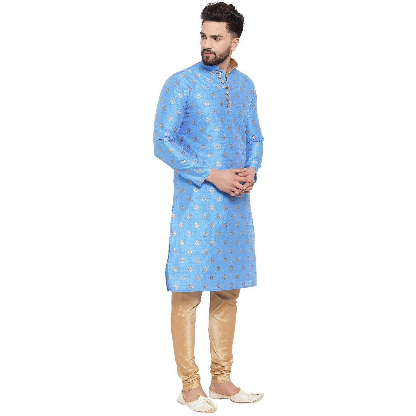 Larwa Mens Silk Kurta With Pyjama Set (Firozi Ganesh Jacq K Gold Pyj Lup+B_Firozi_42)