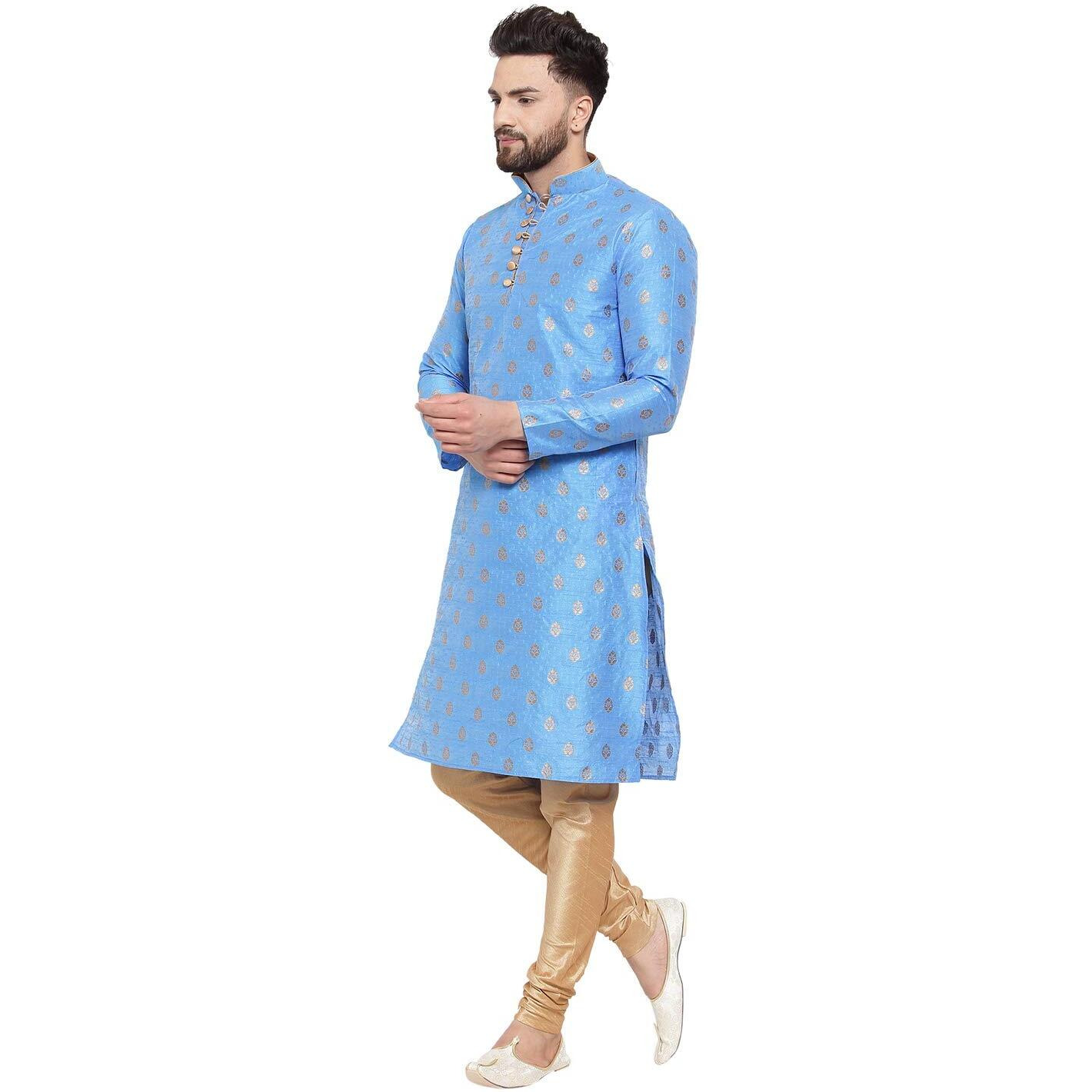 Larwa Mens Silk Kurta With Pyjama Set (Firozi Ganesh Jacq K Gold Pyj Lup+B_Firozi_42)