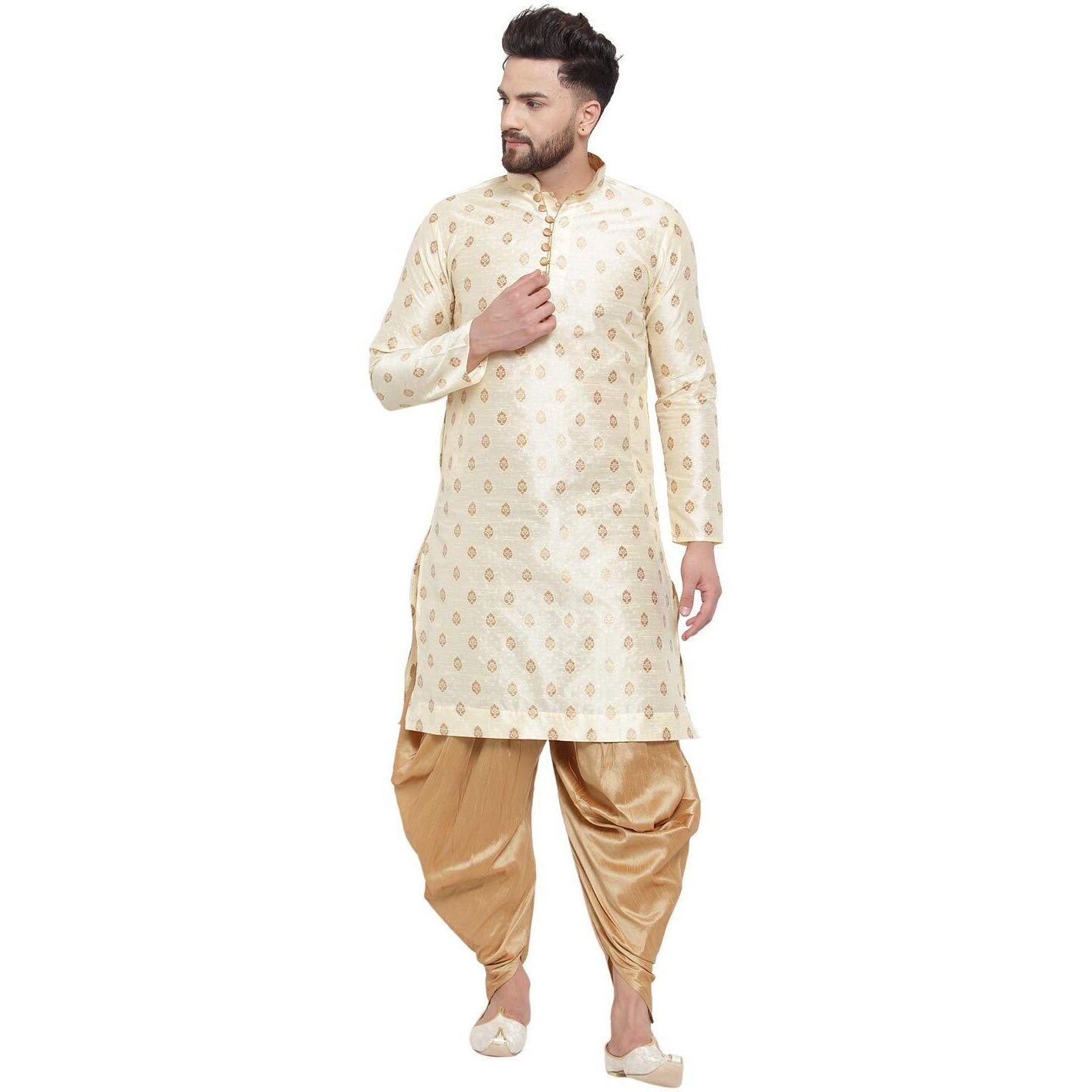 Larwa Mens Silk Kurta And Salwar Dhoti Set (Beige Ganesh Jacq K Gold+Sal D+Lup+B_Beige_36)