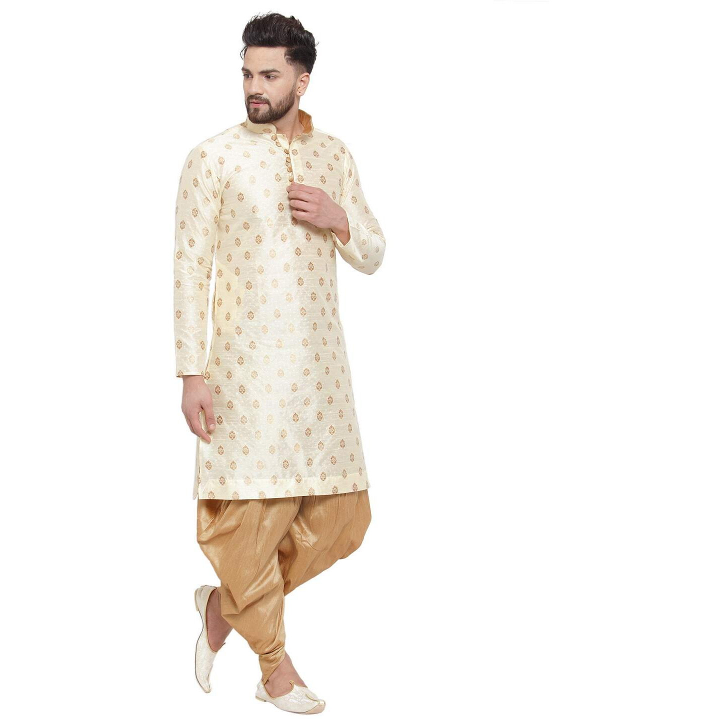 Larwa Mens Silk Kurta And Salwar Dhoti Set (Beige Ganesh Jacq K Gold+Sal D+Lup+B_Beige_36)