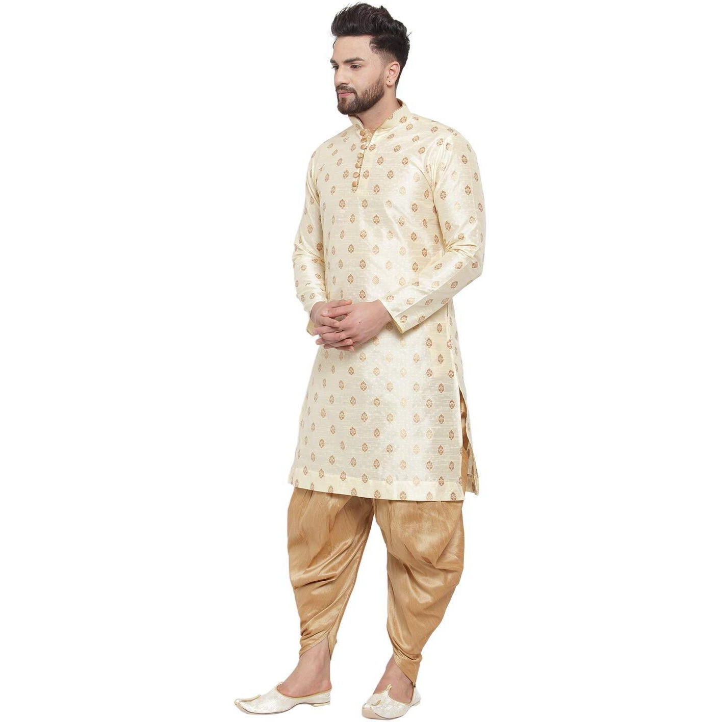 Larwa Mens Silk Kurta And Salwar Dhoti Set (Beige Ganesh Jacq K Gold+Sal D+Lup+B_Beige_36)