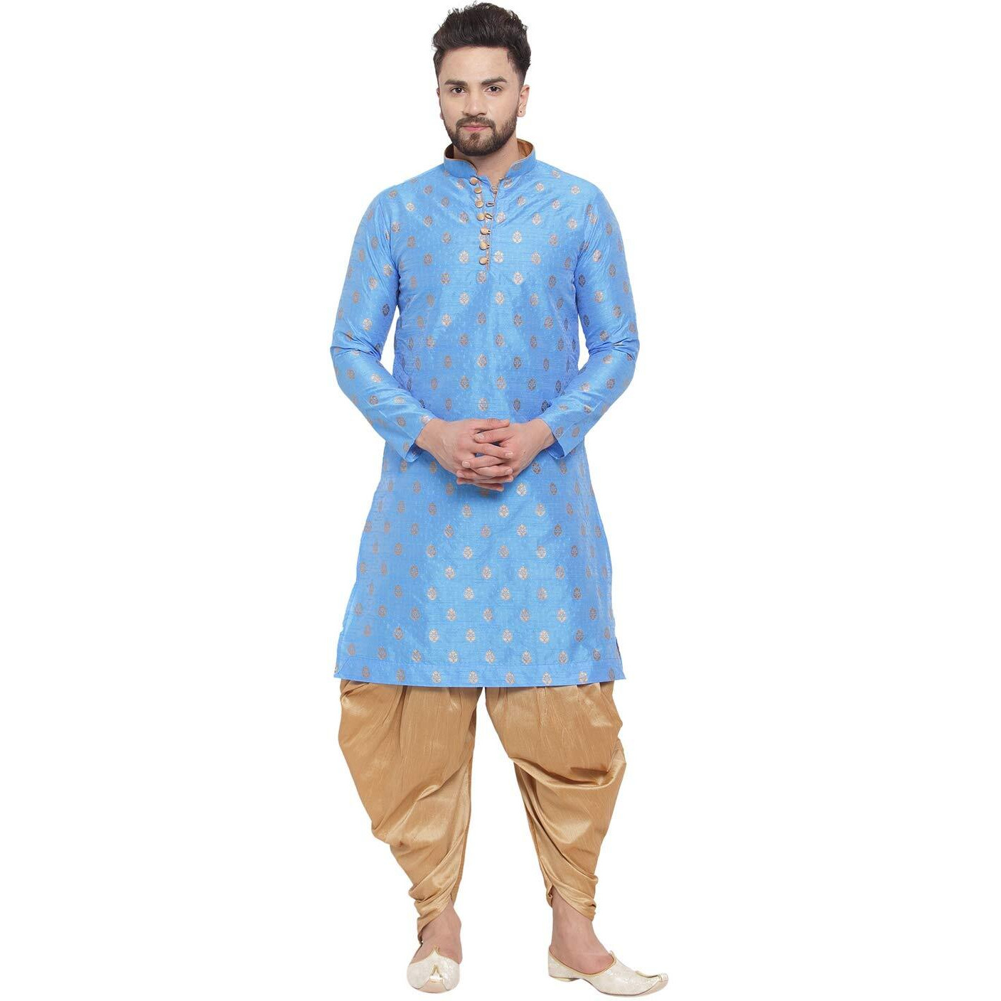 Larwa Ethnic Loop Button Ganesh print Kurta & salwar Dhoti set Firozi,Size42