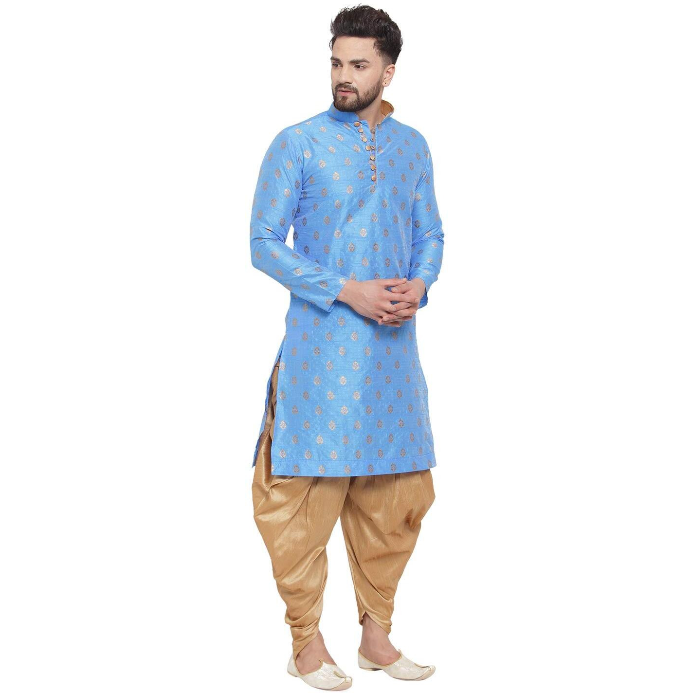 Larwa Ethnic Loop Button Ganesh print Kurta & salwar Dhoti set Firozi,Size42