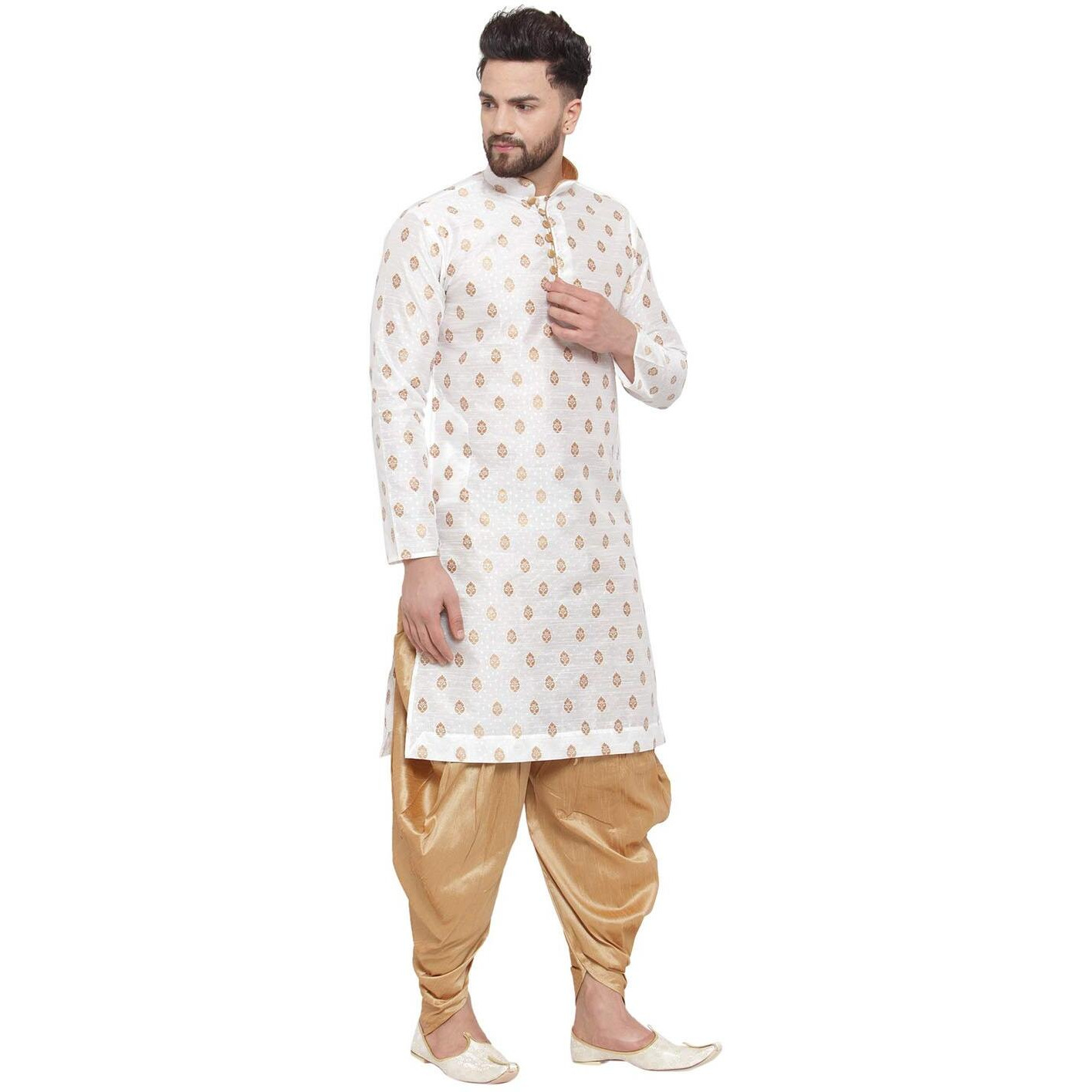 Larwa Mens Silk Kurta And Salwar Dhoti Set (White Ganesh Jacq K Gold+Sal D+Lup+B_38_White)