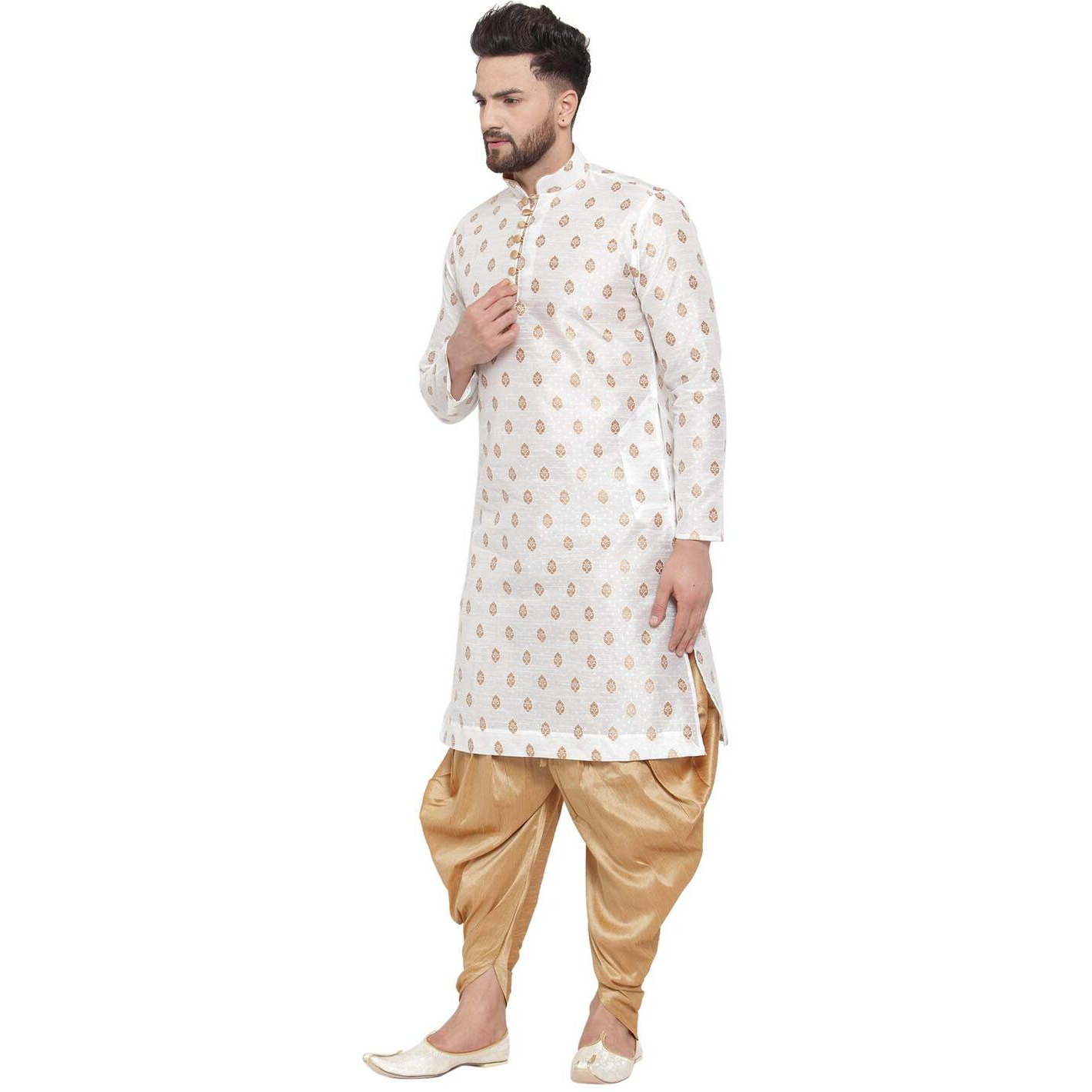 Larwa Mens Silk Kurta And Salwar Dhoti Set (White Ganesh Jacq K Gold+Sal D+Lup+B_38_White)