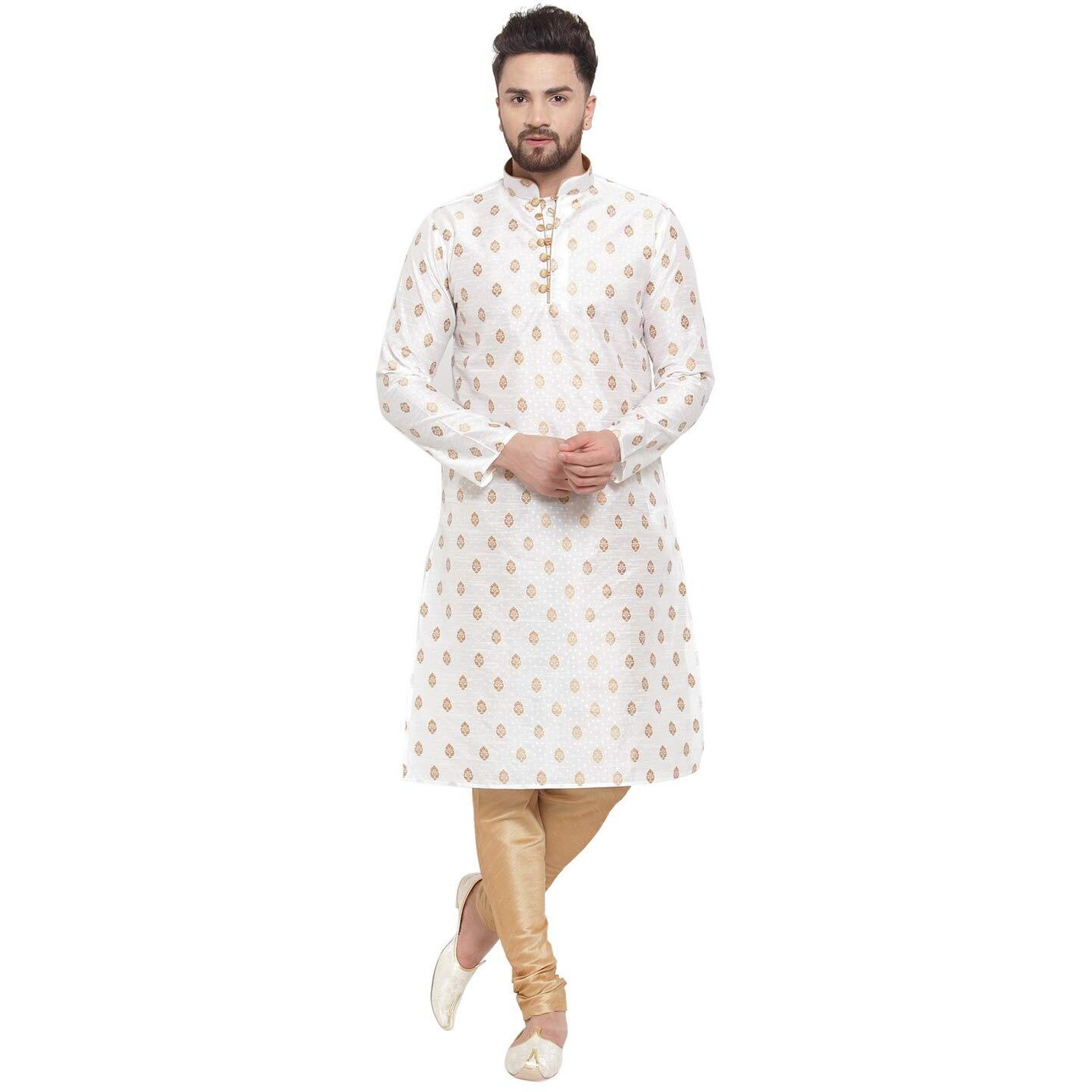 Larwa Mens Silk Kurta With Pyjama Set (White Ganesh Jacq K Gold Pyj Lup+B_White_38)