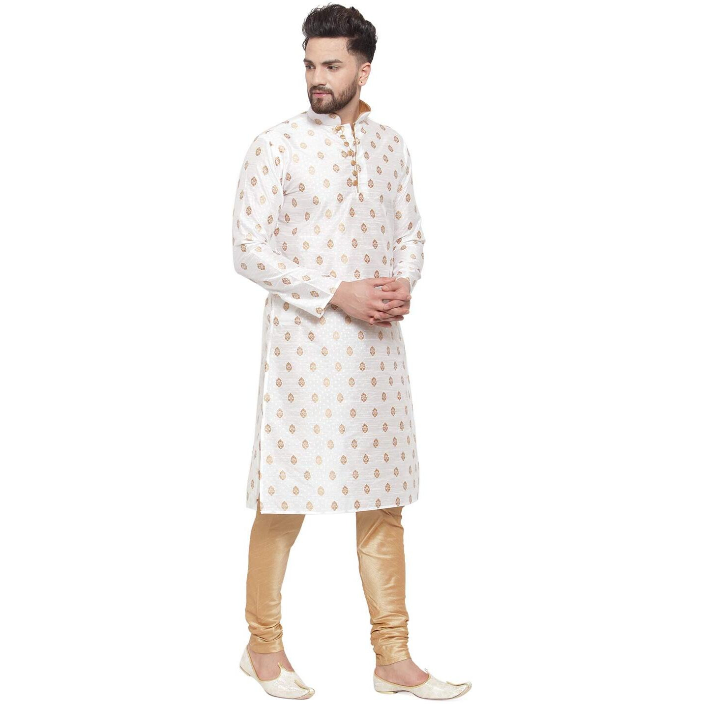 Larwa Mens Silk Kurta With Pyjama Set (White Ganesh Jacq K Gold Pyj Lup+B_White_38)