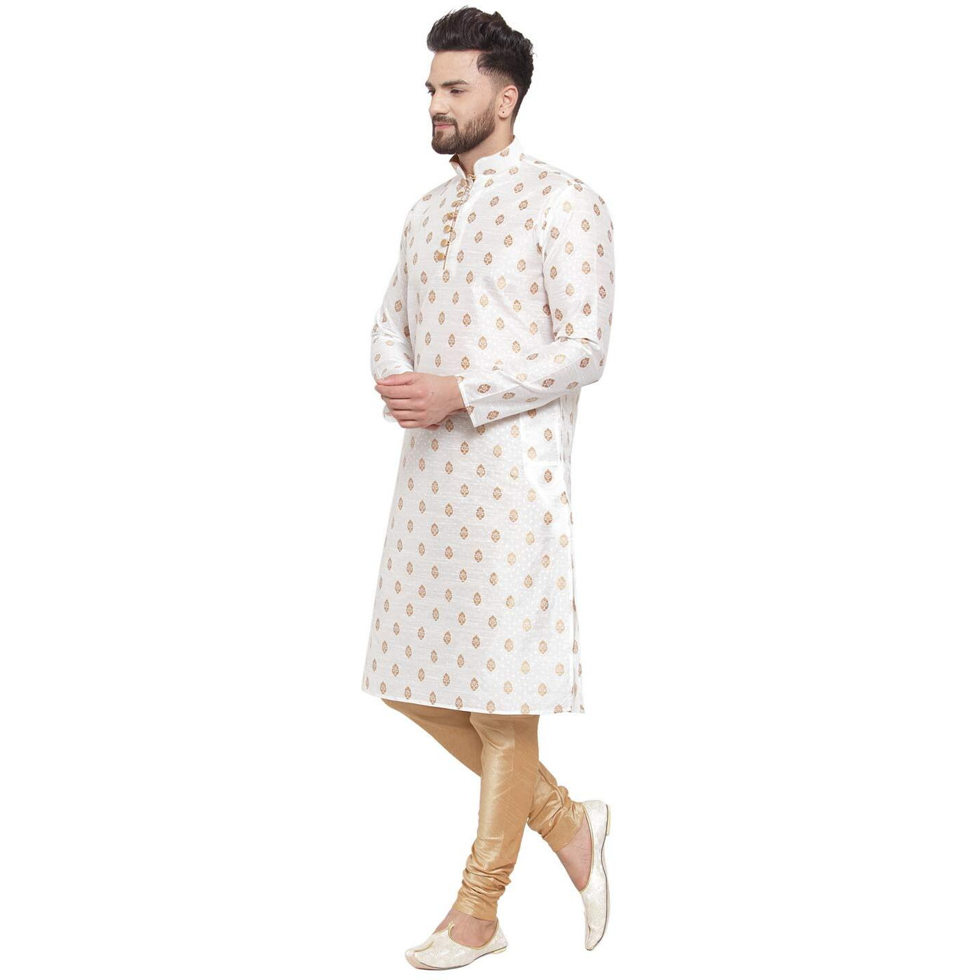 Larwa Mens Silk Kurta With Pyjama Set (White Ganesh Jacq K Gold Pyj Lup+B_White_38)