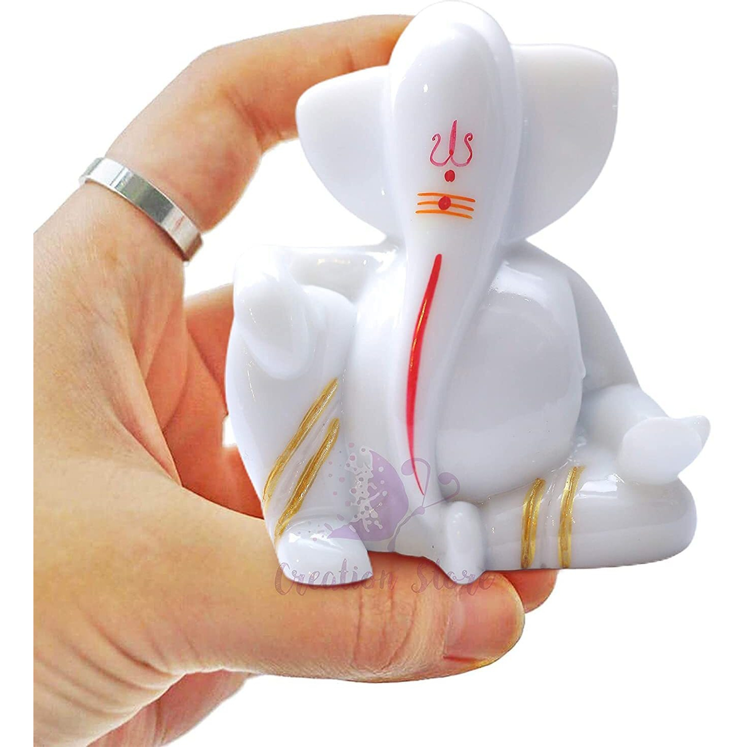 Handmade Marble Tilak Ganesh Idol for Car Dashboard with Double Sided Tape for Small Pooja Home Gift Office Study Table Dcor-3.5 Inch, White (Handcrafted in India)