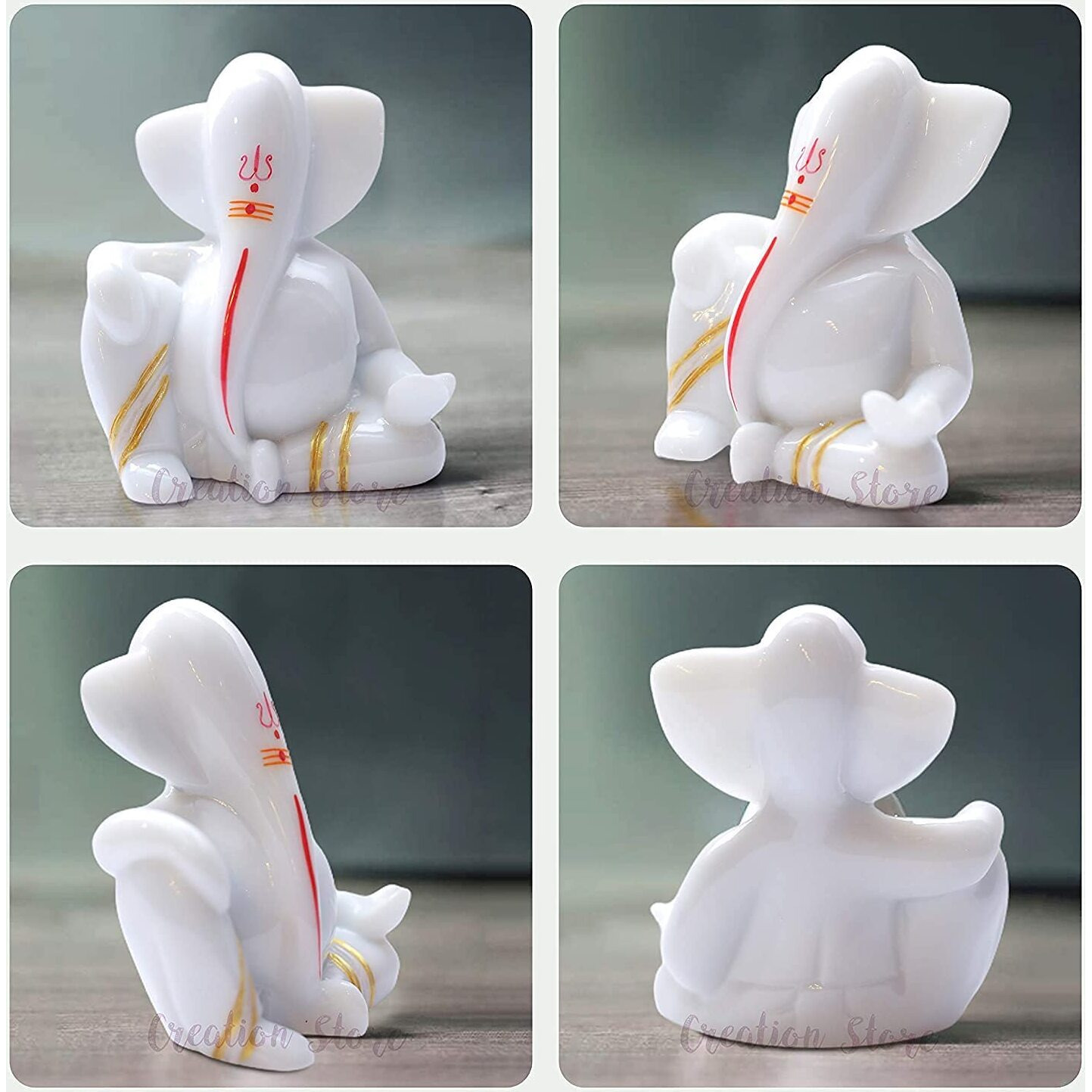 Handmade Marble Tilak Ganesh Idol for Car Dashboard with Double Sided Tape for Small Pooja Home Gift Office Study Table Dcor-3.5 Inch, White (Handcrafted in India)