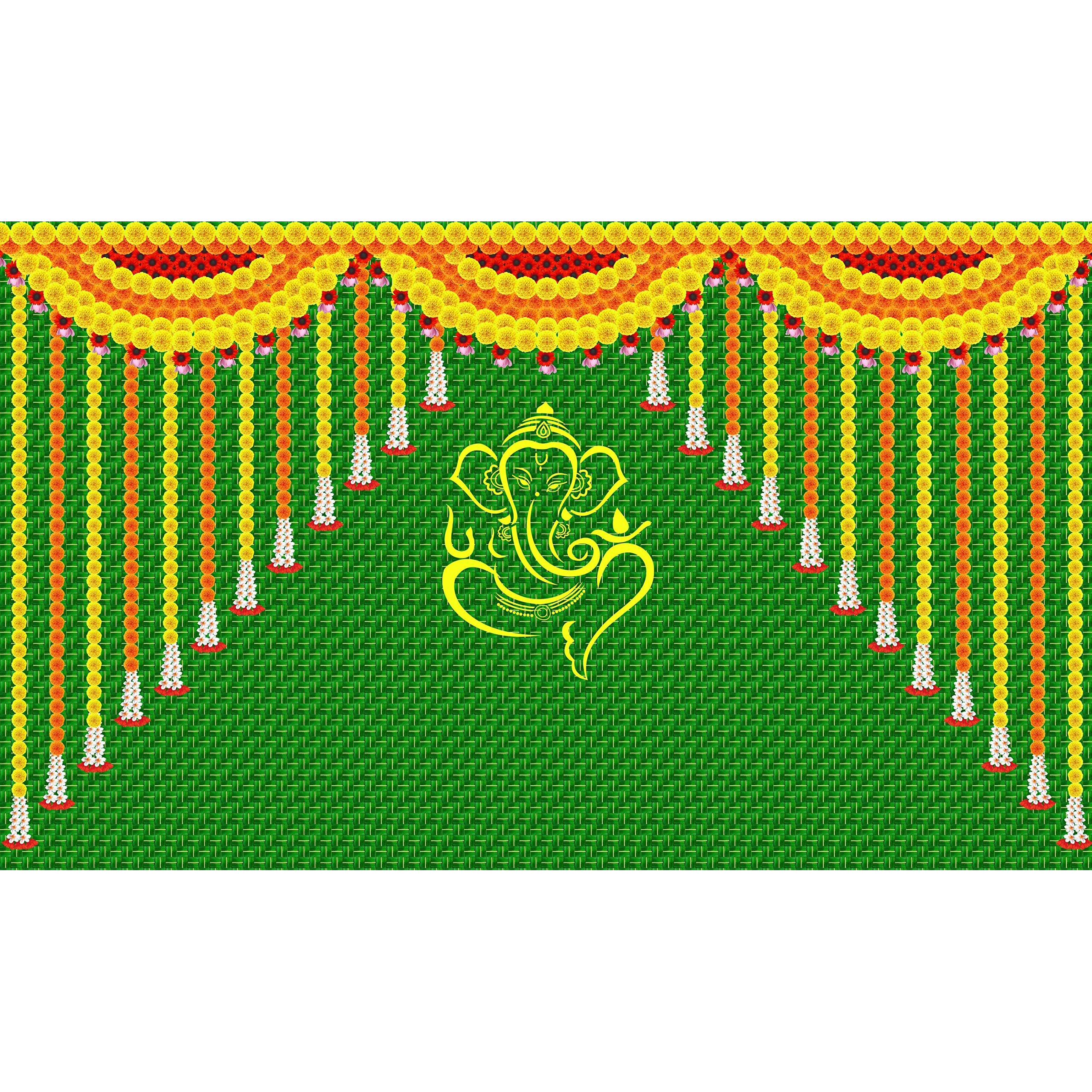 Ashvath Weaved Coconut Leaf with Yellow Ganesh ji Design Backdrop Cloth for Pooja Decoration Traditional Background Curtain Cloth for Festival Fabric-Polyester Taiwan fabric size 5 Feet Height and 8 Feet width(5 * 8) Washable Fabric