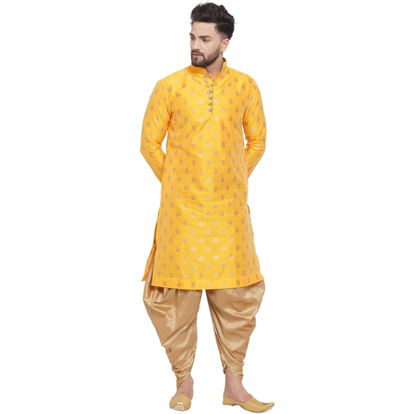 Larwa Mens Silk Kurta And Salwar Dhoti Set (Yellow Ganesh Jacq K Gold+Sal D+Lup+B_36_Yellow)