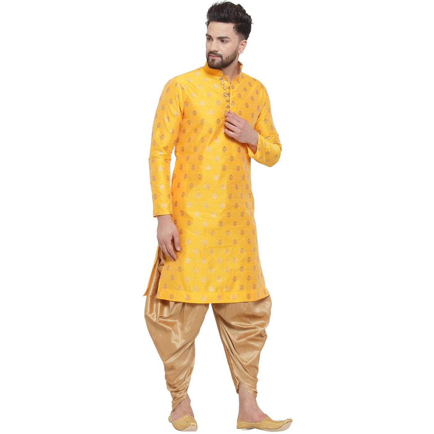 Larwa Mens Silk Kurta And Salwar Dhoti Set (Yellow Ganesh Jacq K Gold+Sal D+Lup+B_36_Yellow)