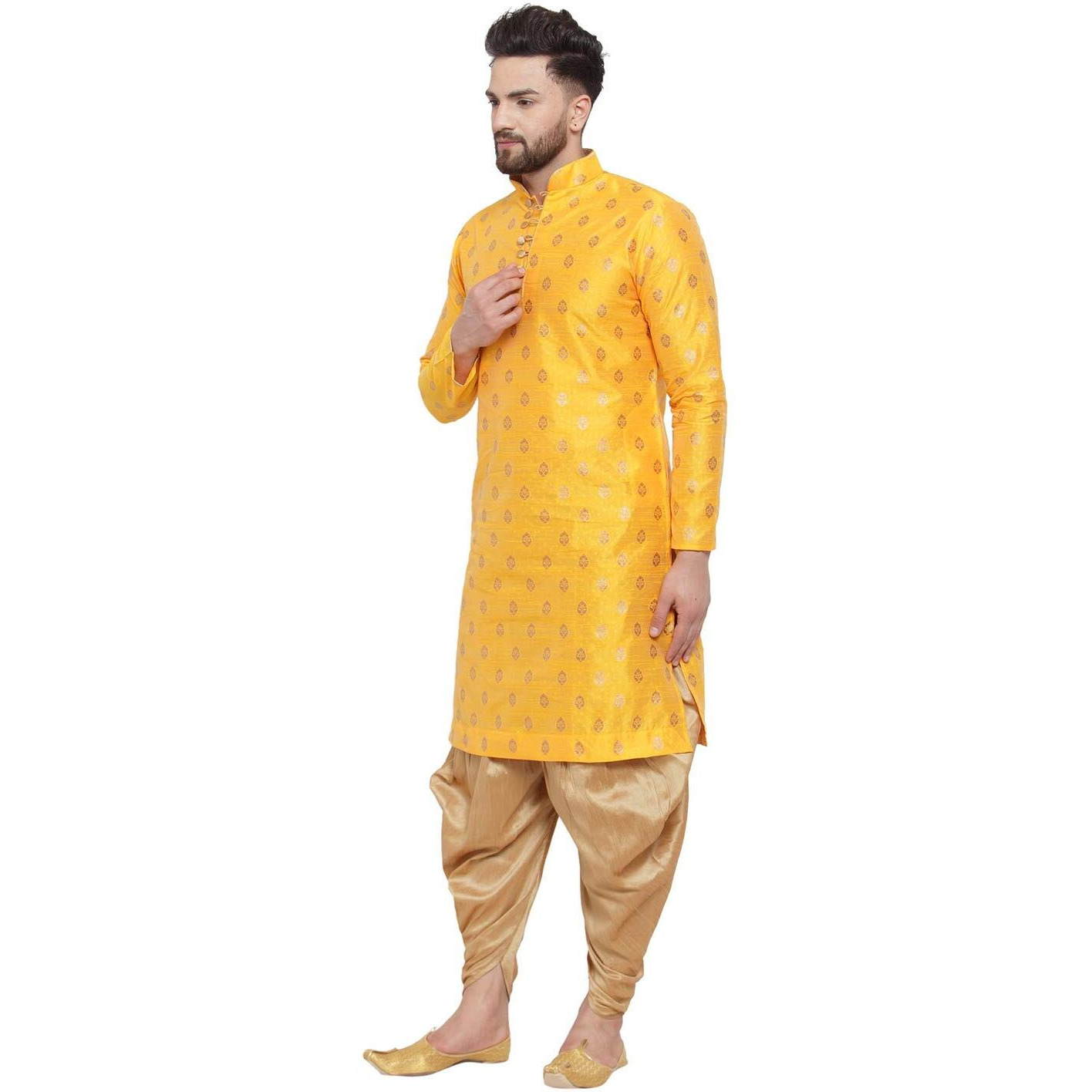 Larwa Mens Silk Kurta And Salwar Dhoti Set (Yellow Ganesh Jacq K Gold+Sal D+Lup+B_36_Yellow)