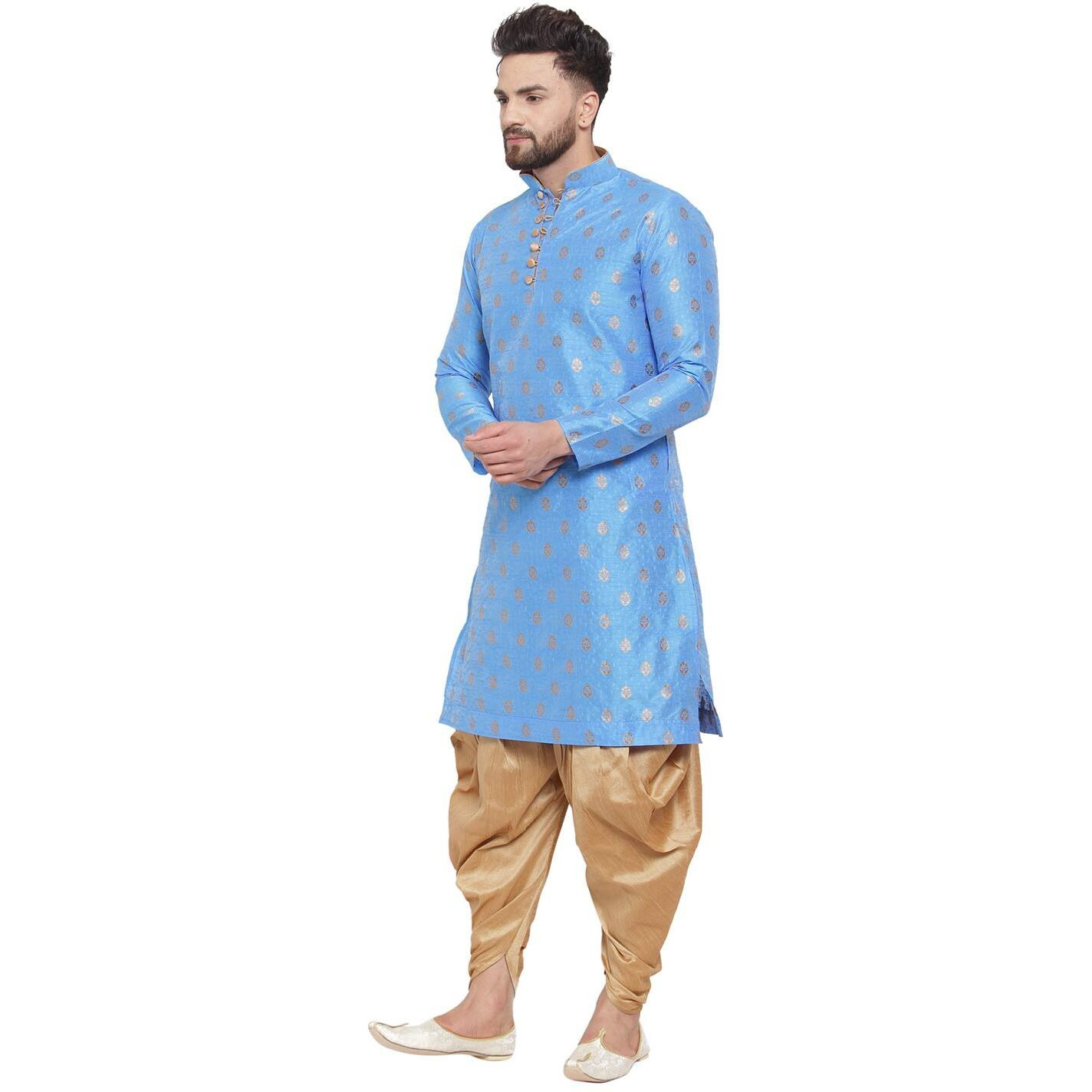 Larwa Ethnic Loop Button Ganesh Print Kurta & Salwar Dhoti Set Firozi,Size44 Mens Synthetic