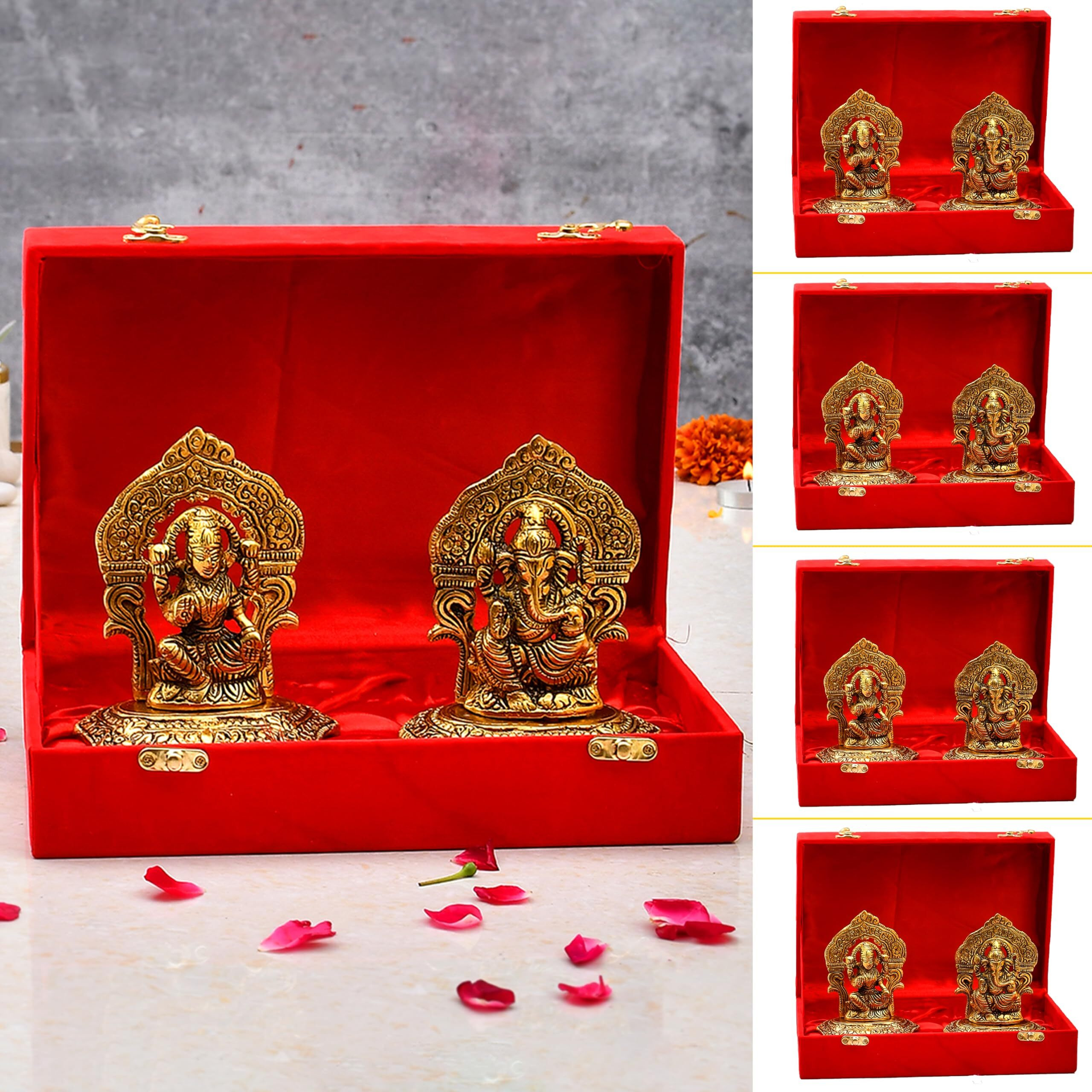 CraftVatika Metal Laxmi Lakshmi Ganesh Diwali Gift Gifts Items for Home Decoration, Cooperate Gifts, Anniversary, Wedding Gift with Velvet Box Packing (Set of 5)