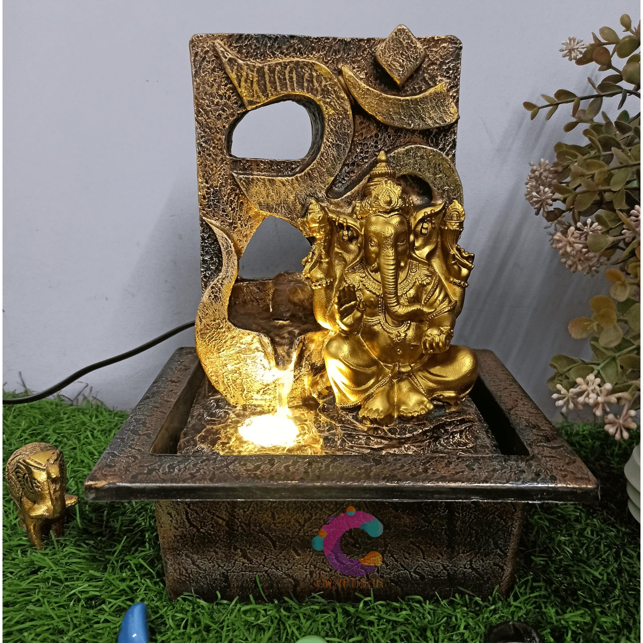 Craftisan Decorative Water Fountain for Home Dcor, Office, Indoor & Outdoor, Garden, Puja Room, Vaastu, Reception, Spa, Gifting. (Gold Ganesh Jr UR-051) with Golden LED