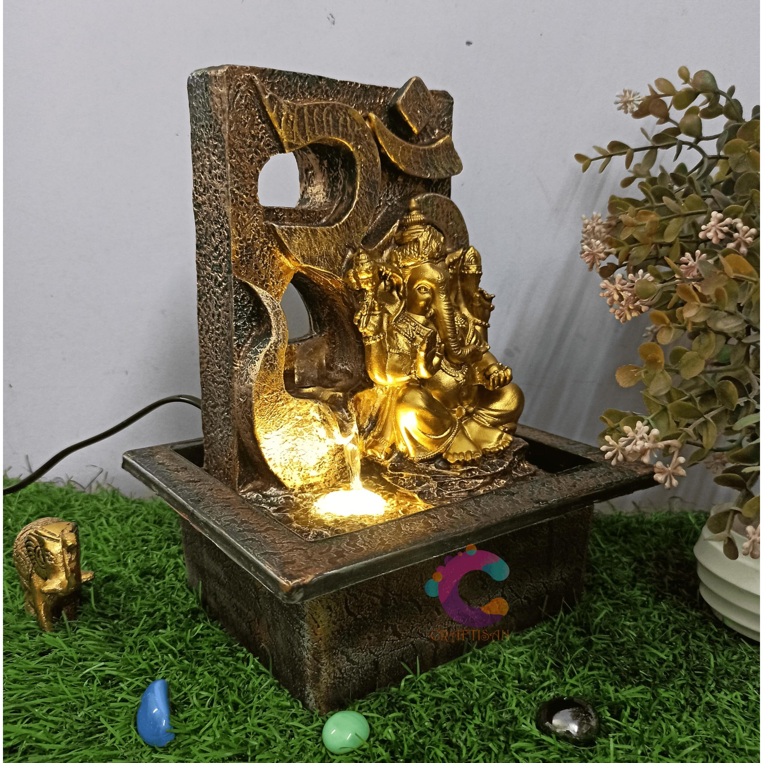 Craftisan Decorative Water Fountain for Home Dcor, Office, Indoor & Outdoor, Garden, Puja Room, Vaastu, Reception, Spa, Gifting. (Gold Ganesh Jr UR-051) with Golden LED