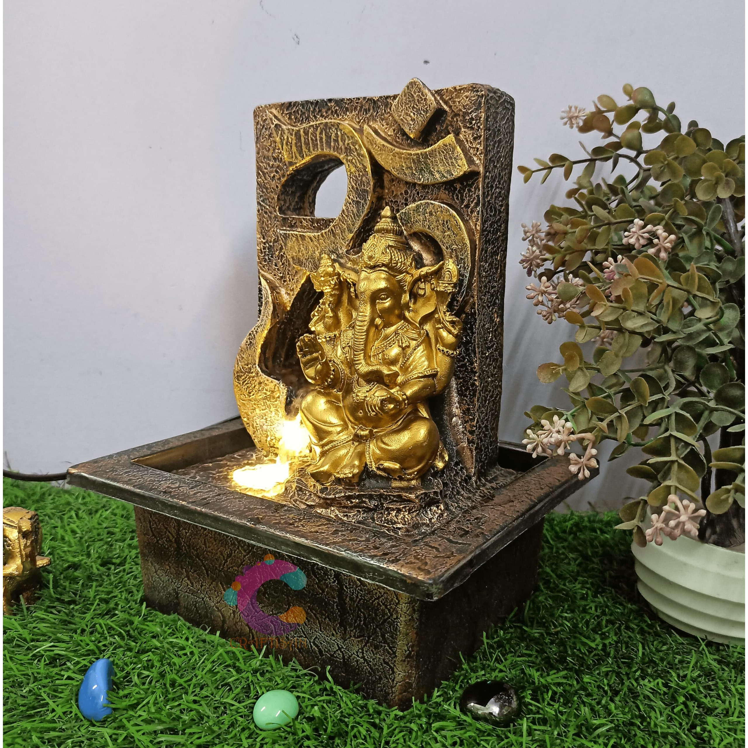 Craftisan Decorative Water Fountain for Home Dcor, Office, Indoor & Outdoor, Garden, Puja Room, Vaastu, Reception, Spa, Gifting. (Gold Ganesh Jr UR-051) with Golden LED