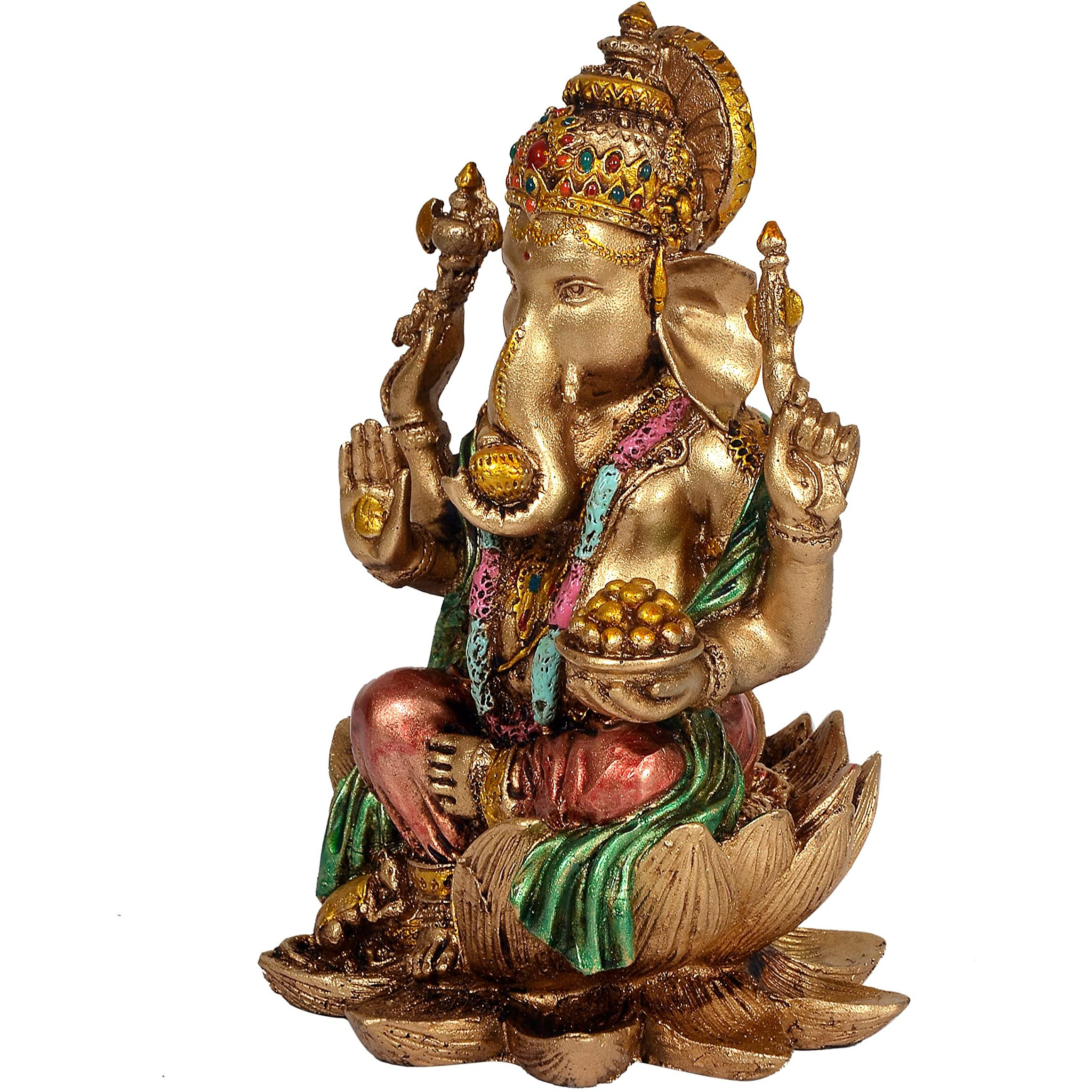 Dattatreya Cold Cast Handcrafted Lord Ganesha Ganesh Murti Sitting On Lotus in Resin, Height  7 inch, Multicolor