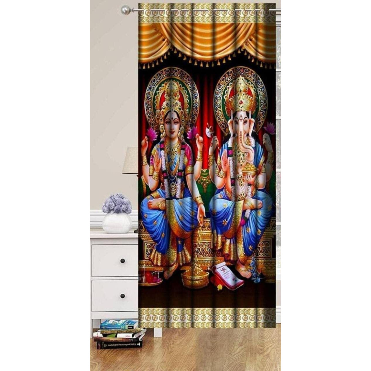 MIGEN_1Piece Polyester 3D God Printed Curtain for Mandir Pooja Room Use || (God Laxmi Ganesh, Door Size_4x7 Feet)