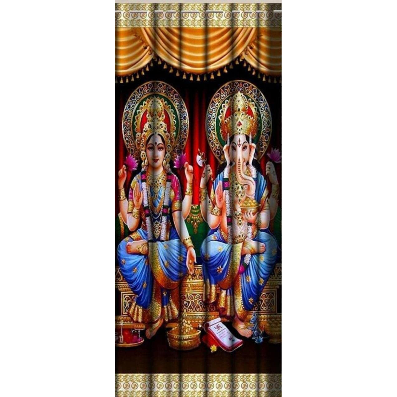 MIGEN_1Piece Polyester 3D God Printed Curtain for Mandir Pooja Room Use || (God Laxmi Ganesh, Door Size_4x7 Feet)