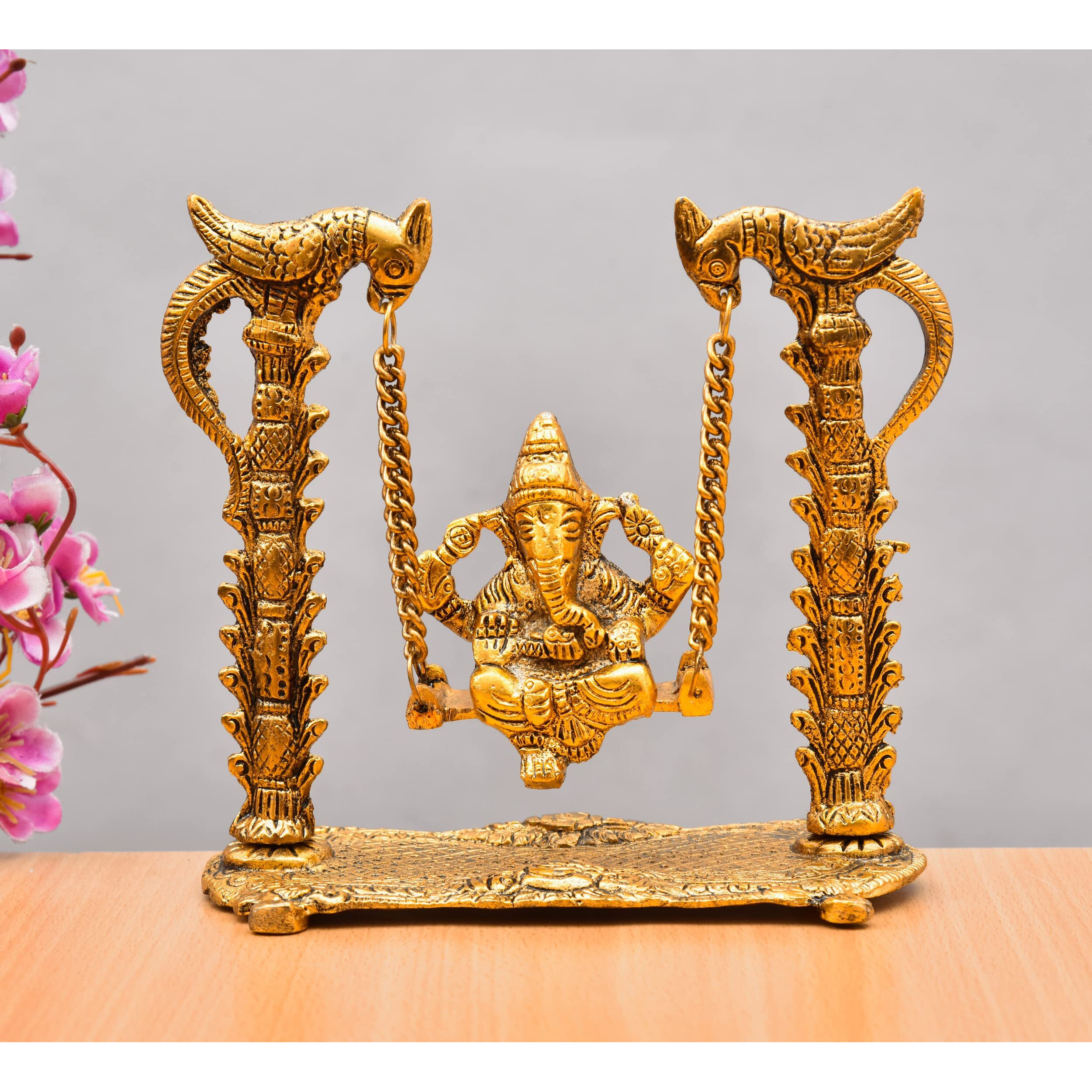 Nirmal Handicraft Gold Plated Metal Handicraft Hindu God Ganesh Ji Bhagwan Idol Swing Jhula Ganesha Murti On Jhoola Home Decor Showpiece for Home Temple Puja and Gift