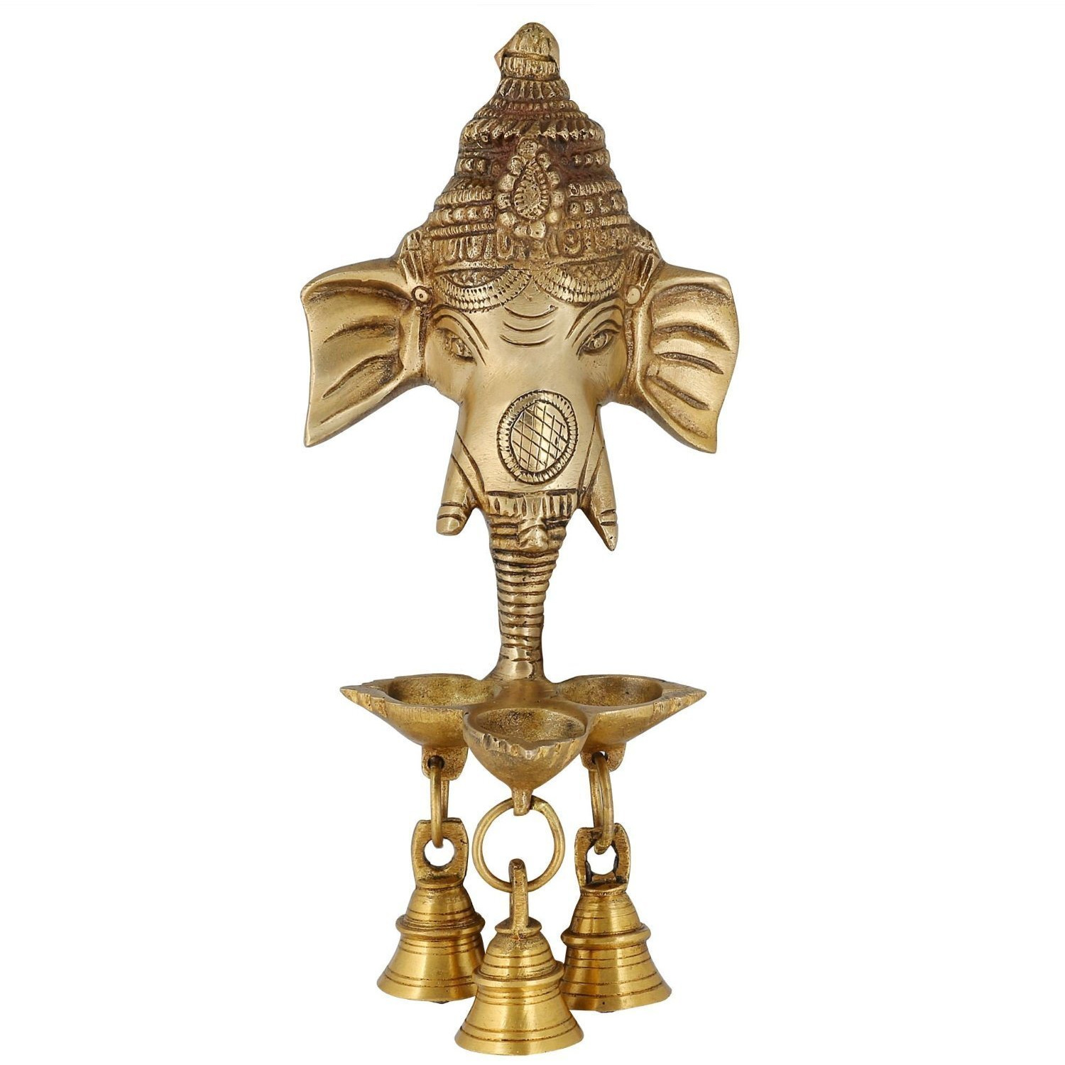 Artvarko Brass Ganesh Ganesha Wall Hanging Idol oil Lamp Three Diyas and Bells Puja Gifting Entrance Home Decor Idol 9.5 Inch.