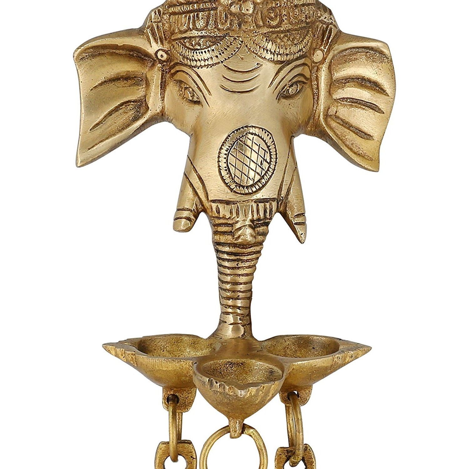 Artvarko Brass Ganesh Ganesha Wall Hanging Idol oil Lamp Three Diyas and Bells Puja Gifting Entrance Home Decor Idol 9.5 Inch.