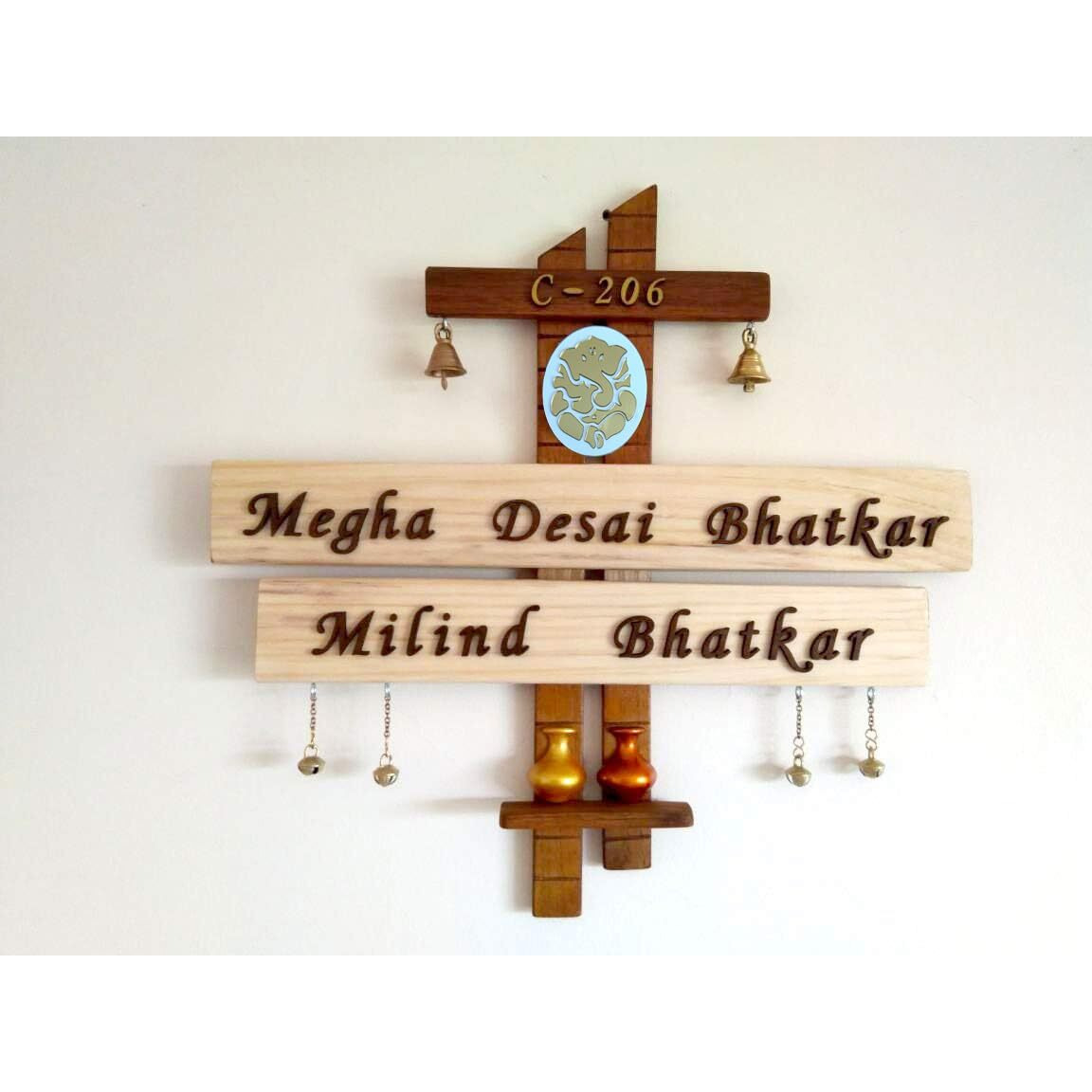 Artica Decorative Wooden Name Plate with Ganesh Idol and Customized names for Home 32 cm x 18 cm x 4 cm