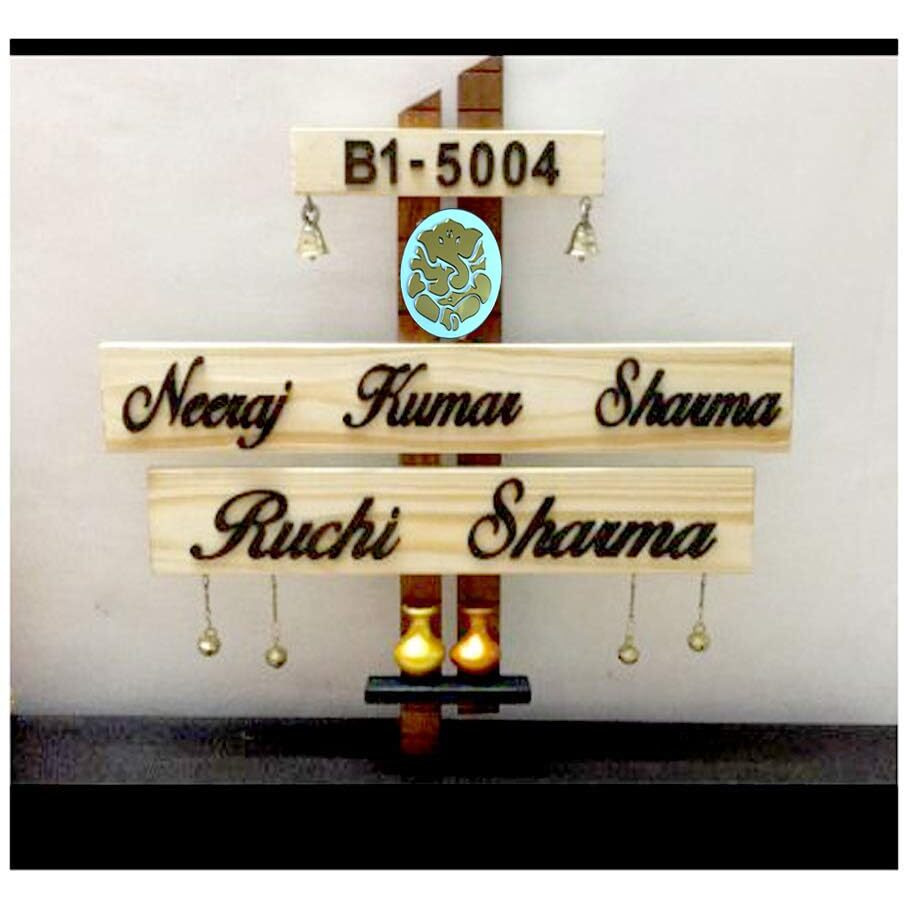 Artica Decorative Wooden Name Plate with Ganesh Idol and Customized names for Home 32 cm x 18 cm x 4 cm