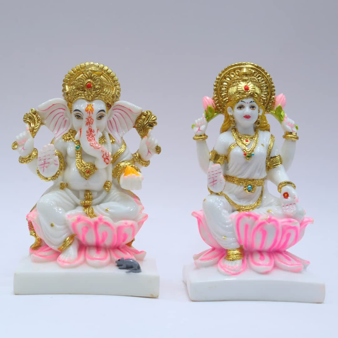 S patnaik Gold Plated laxmi Ganesh Saraswati Idol Cultured Marble Statue Murti, Stanadar Size- 7 Inch