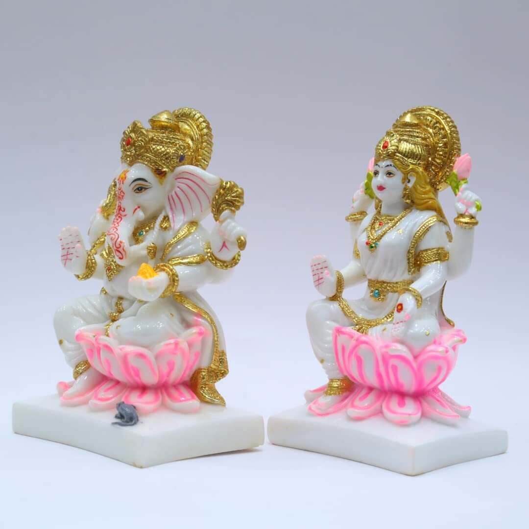 S patnaik Gold Plated laxmi Ganesh Saraswati Idol Cultured Marble Statue Murti, Stanadar Size- 7 Inch