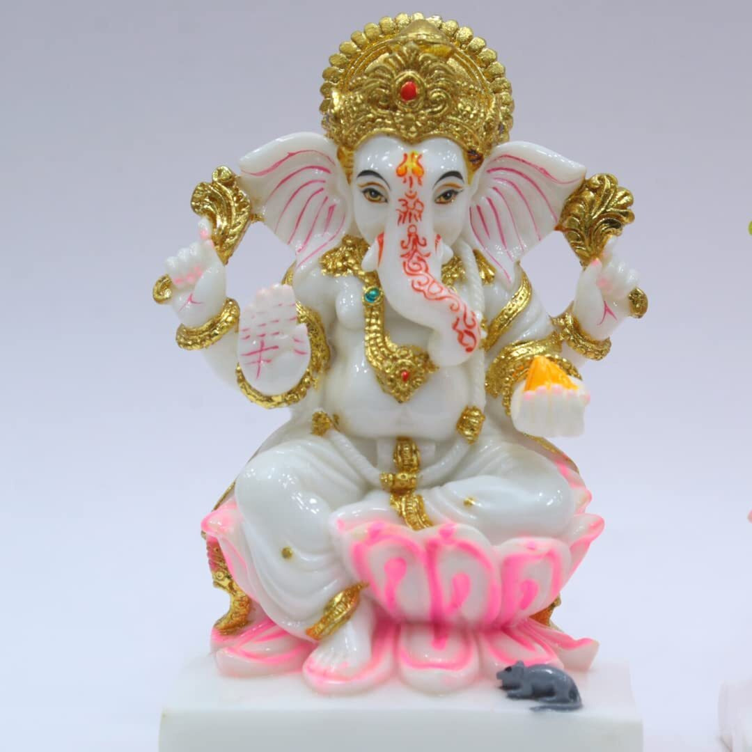 S patnaik Gold Plated laxmi Ganesh Saraswati Idol Cultured Marble Statue Murti, Stanadar Size- 7 Inch