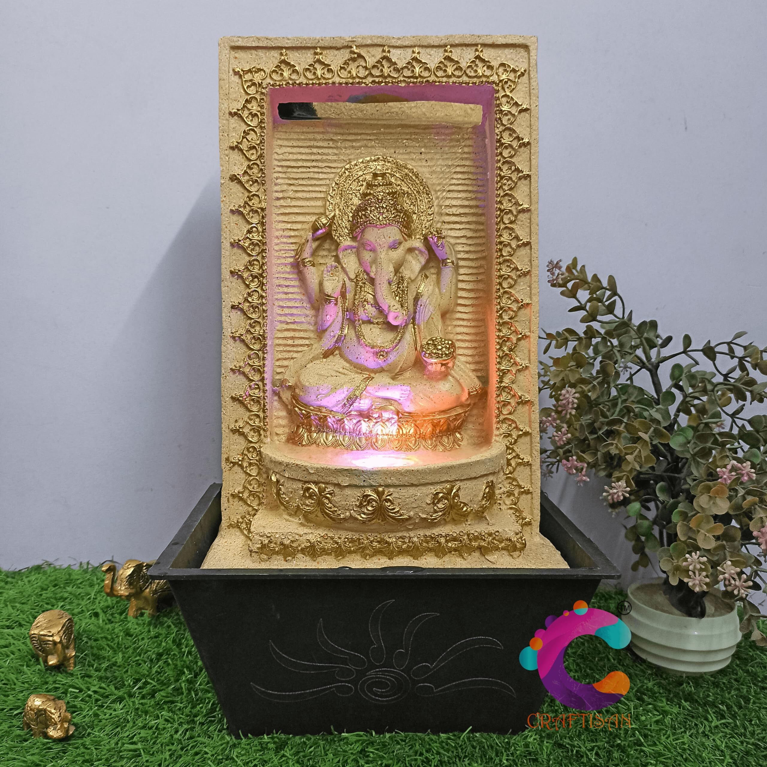 Craftisan Decorative Water Fountain for Home Dcor, Office, Indoor & Outdoor, Garden, Puja Room, Vaastu, Reception, Spa, Gifting. (Yellow Slate Ganesh)