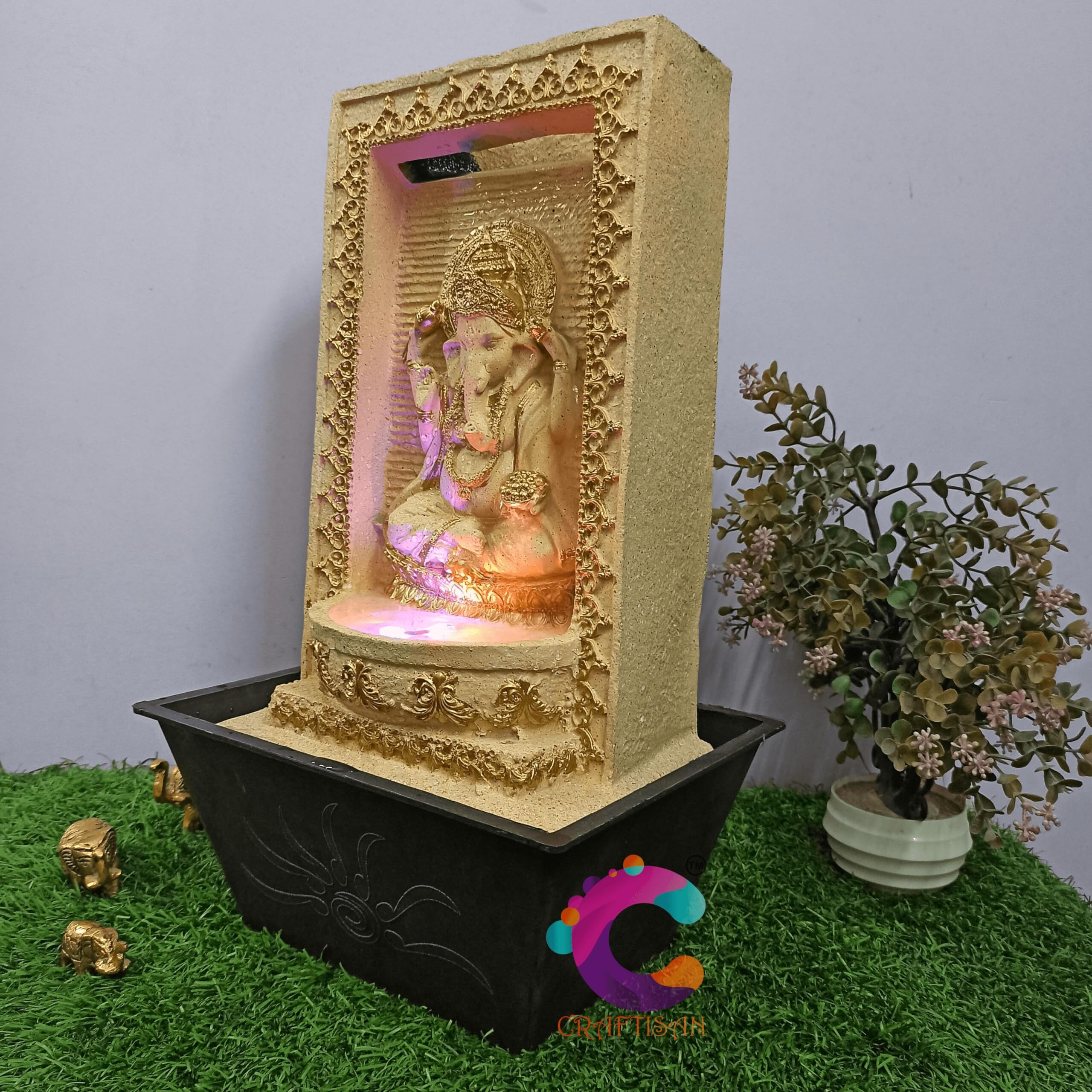 Craftisan Decorative Water Fountain for Home Dcor, Office, Indoor & Outdoor, Garden, Puja Room, Vaastu, Reception, Spa, Gifting. (Yellow Slate Ganesh)