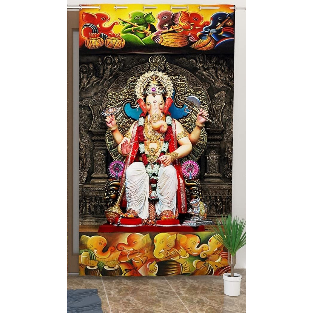 Neymo Polyester 3D Digital God Ganesh Ji Printed Curtain for Temple Room Use Pack of 1 Pecs (Multicolour 4)