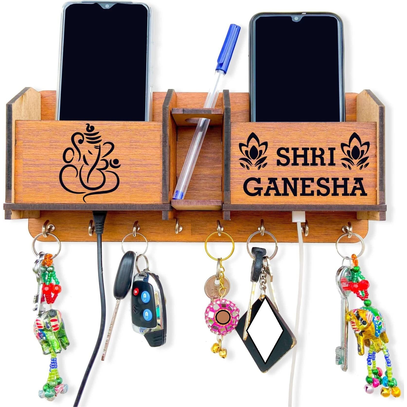 SkyKey Lord Ganesh Wall Mounted Designer Key Hanger and mobile Holder for Wall Decor Wooden Stylish Key Organizer for Home Decor and Office Decor (8 Hooks, Brown)