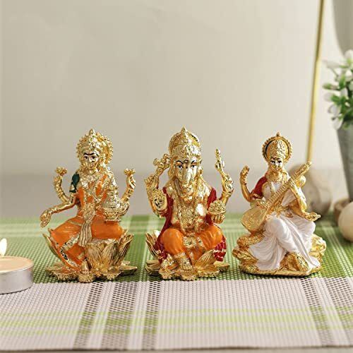 CraftVatika Ceramic Goddess Laxmi Ganesha Saraswati Idol Murti Showpiece Statue For Home Office Success Temple Pooja Room Entrance Decor Diwali Decoration Items (Lakshmi Ganesh Saraswati).,Multicolor