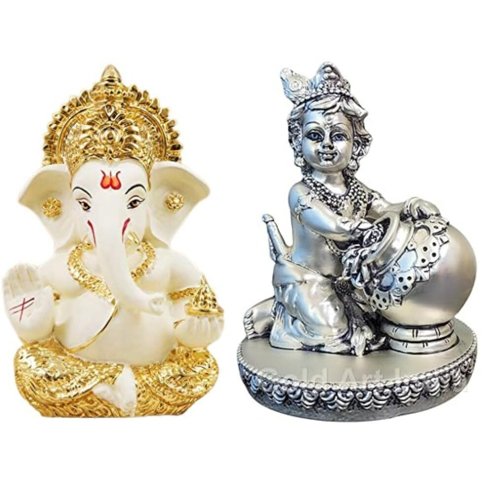 Gold Art India Gold Silver Black Plated Ganesha Murti and Makhan Krishna Idol for Home Decor | Laddu Gopal murti for Gifting | Makhan Chor Idol | Puja Lord Krishna Ganesh Statue Gift Figurine