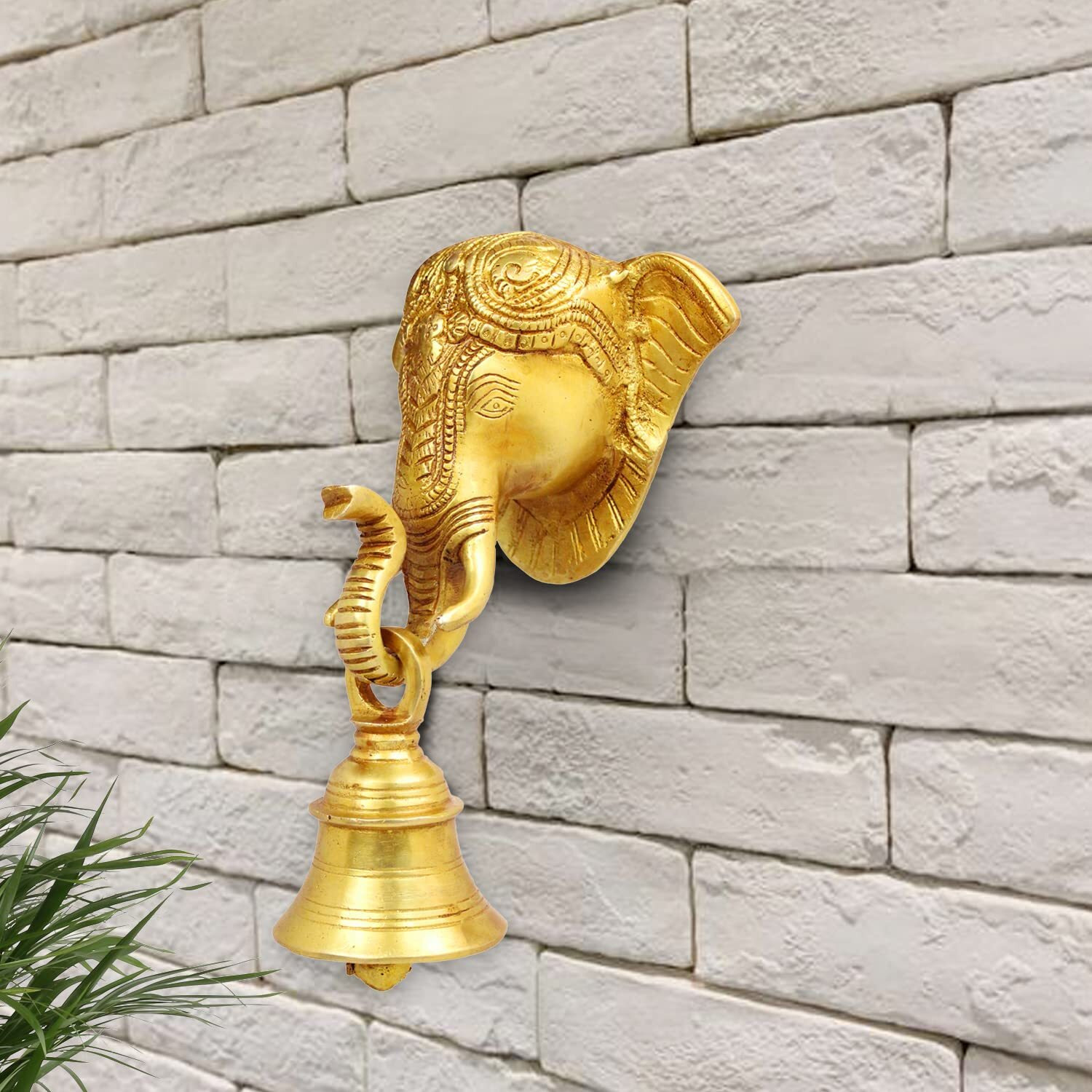 Artvarko Brass Ganesha Elephant Face Wall Hanging Ganesh Bell On Trunk & Bell for Home Decor Showpiece