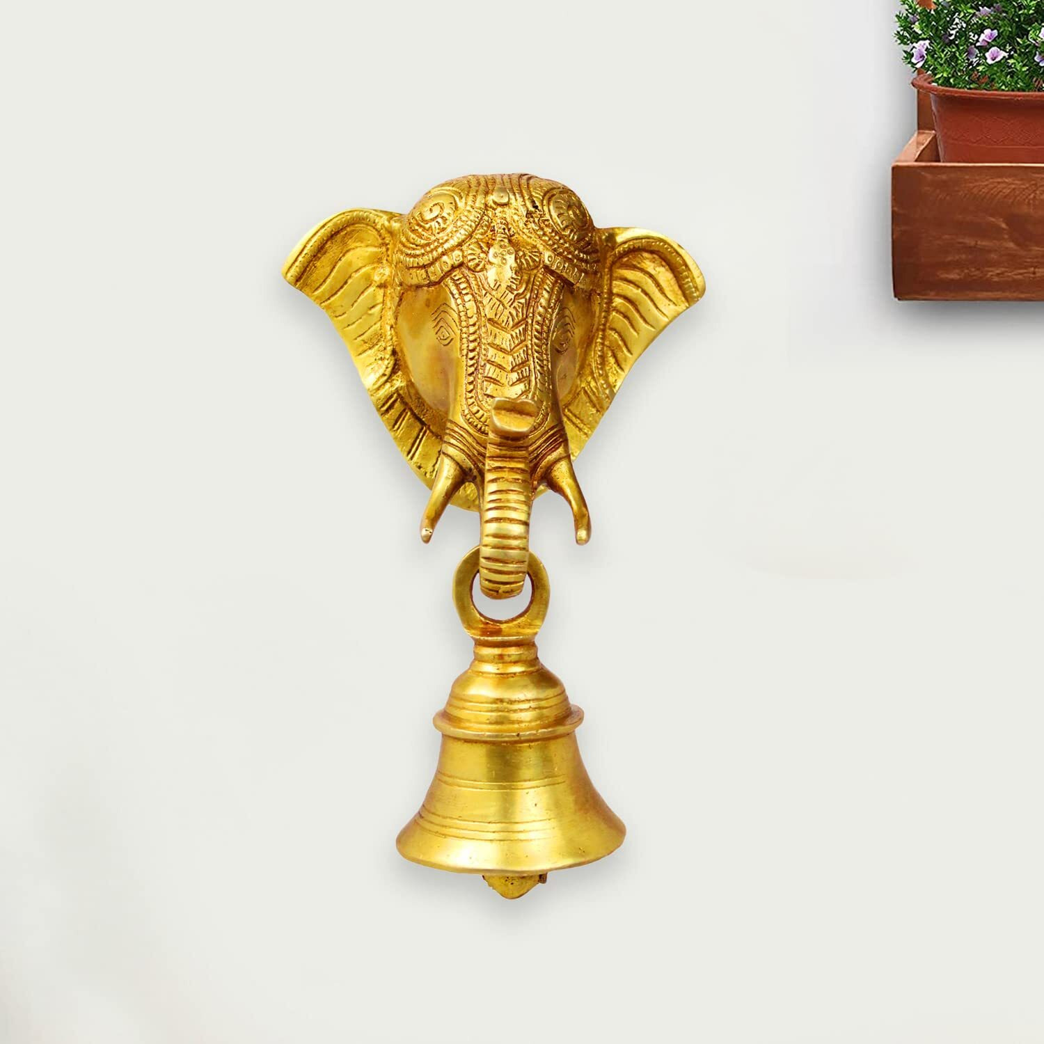 Artvarko Brass Ganesha Elephant Face Wall Hanging Ganesh Bell On Trunk & Bell for Home Decor Showpiece