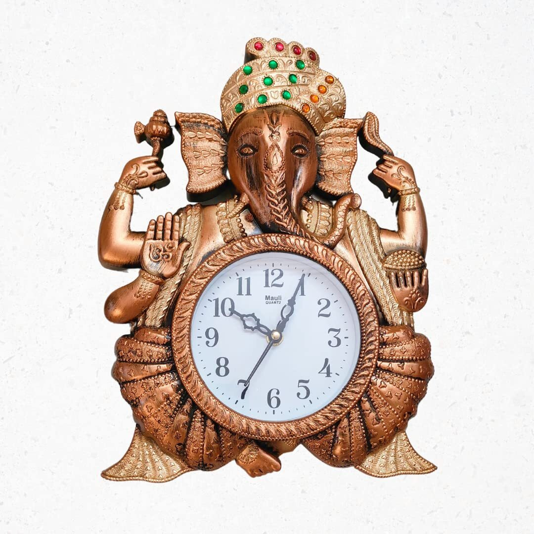 Harbour Plastic Analog Latest Stylish Models Wall Clock with God Ganesh Frame (Size Height 43 cm X Width 33 cm)- Home Decor Big Size Wall Clock Gns SN 6 -Brown, Copper