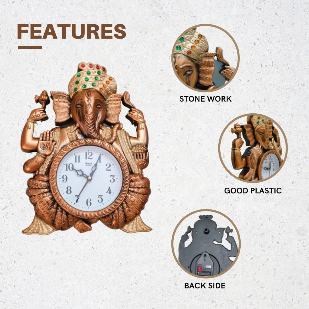 Harbour Plastic Analog Latest Stylish Models Wall Clock with God Ganesh Frame (Size Height 43 cm X Width 33 cm)- Home Decor Big Size Wall Clock Gns SN 6 -Brown, Copper