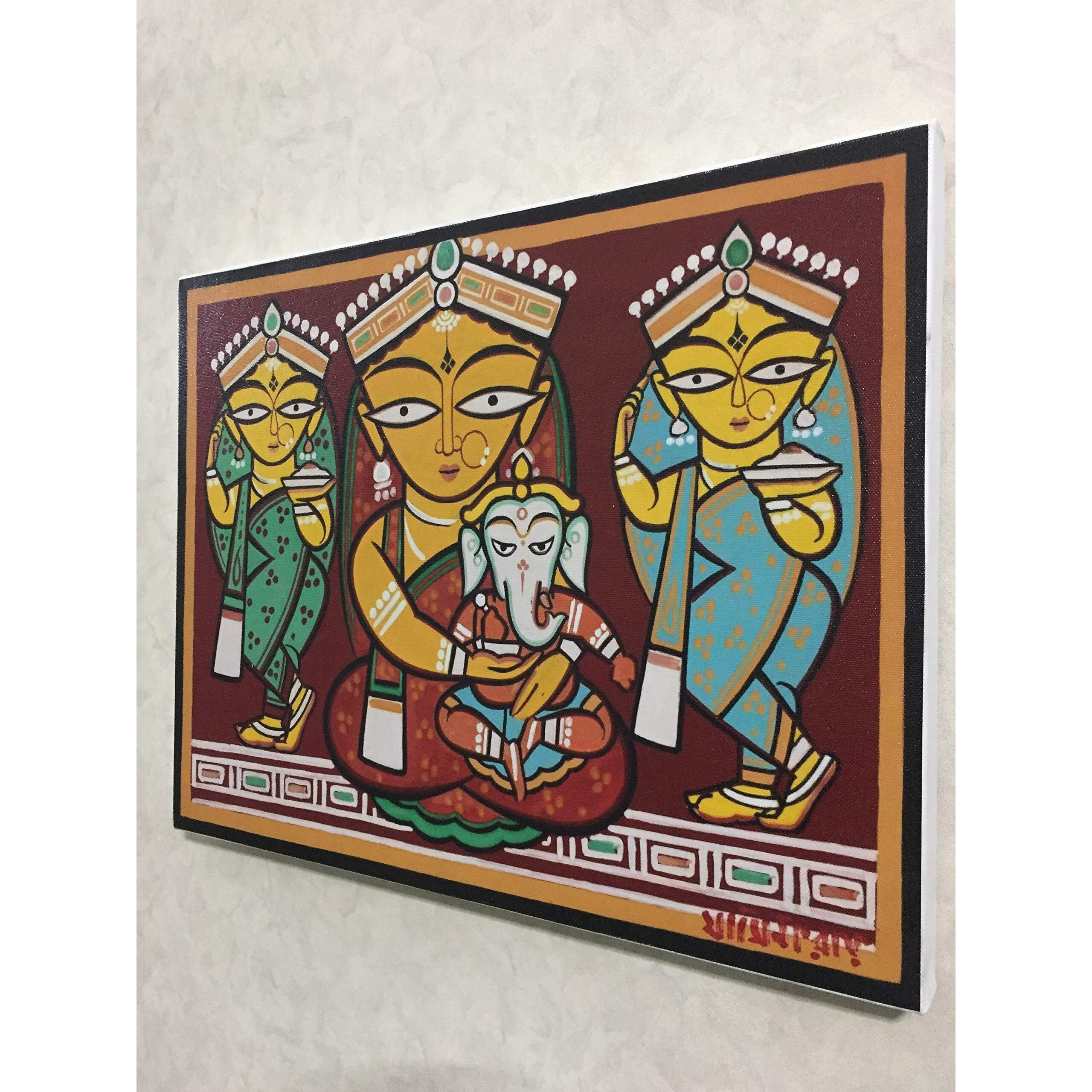 Adventures *Parvati-Ganesh*- Two Paintings by Jamini Roy, Set of 2 Wall Dcor Frame. Canvas Print stretched on Pinewood Frame. Size 14x18 each.