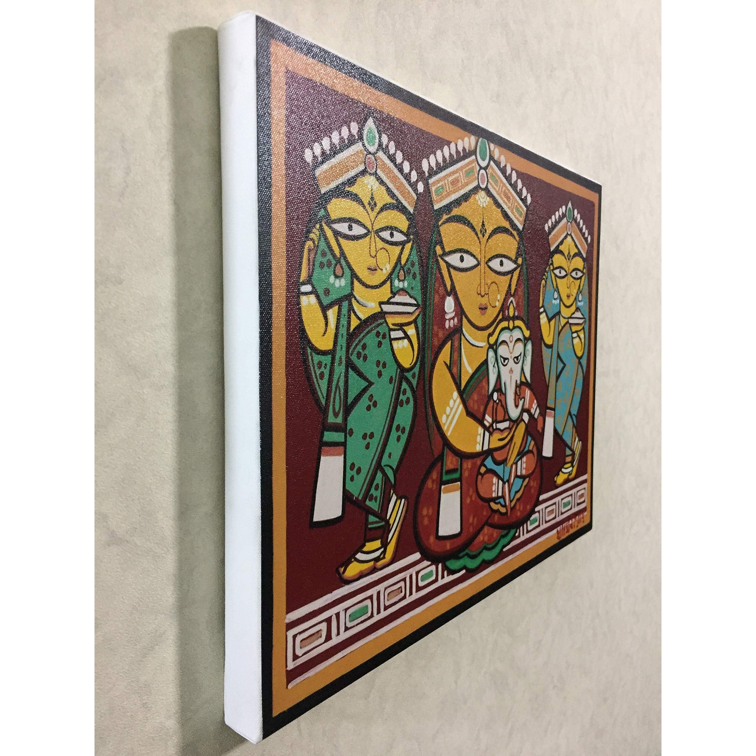 Adventures *Parvati-Ganesh*- Two Paintings by Jamini Roy, Set of 2 Wall Dcor Frame. Canvas Print stretched on Pinewood Frame. Size 14x18 each.