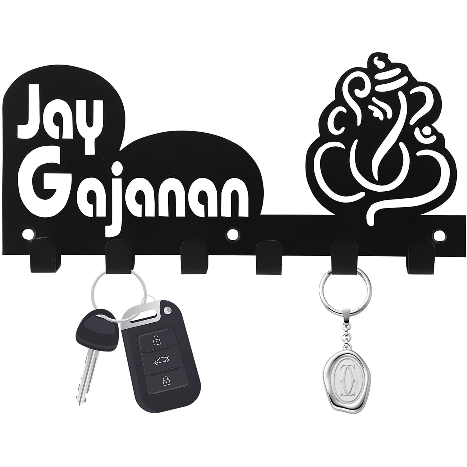 HingeMinds Metal Key Holder for Home/Office Decor, Stylish Wall Mount Keychain Hanger Hooks for Hanging Keys, Premium Black Finish | Unique Lord Ganesh Shape Stainless Steel Key Chain Stand 6 Pin.